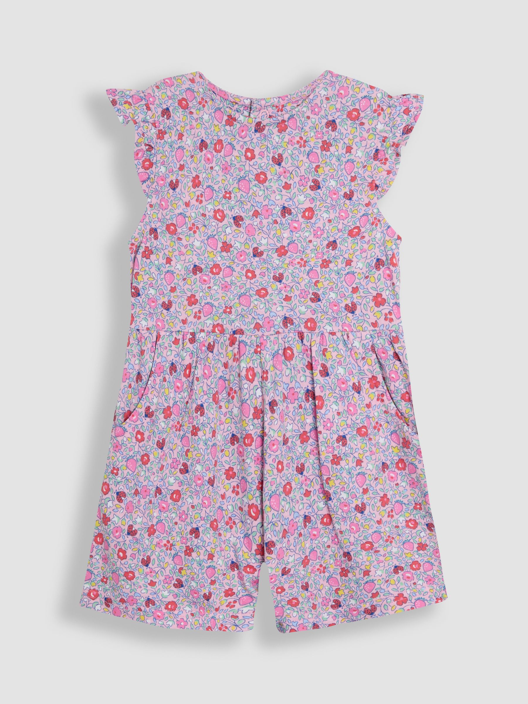 Pink Strawberry Ditsy Floral Ruffle Shoulder 100% Cotton Playsuit - Image 1 of 3