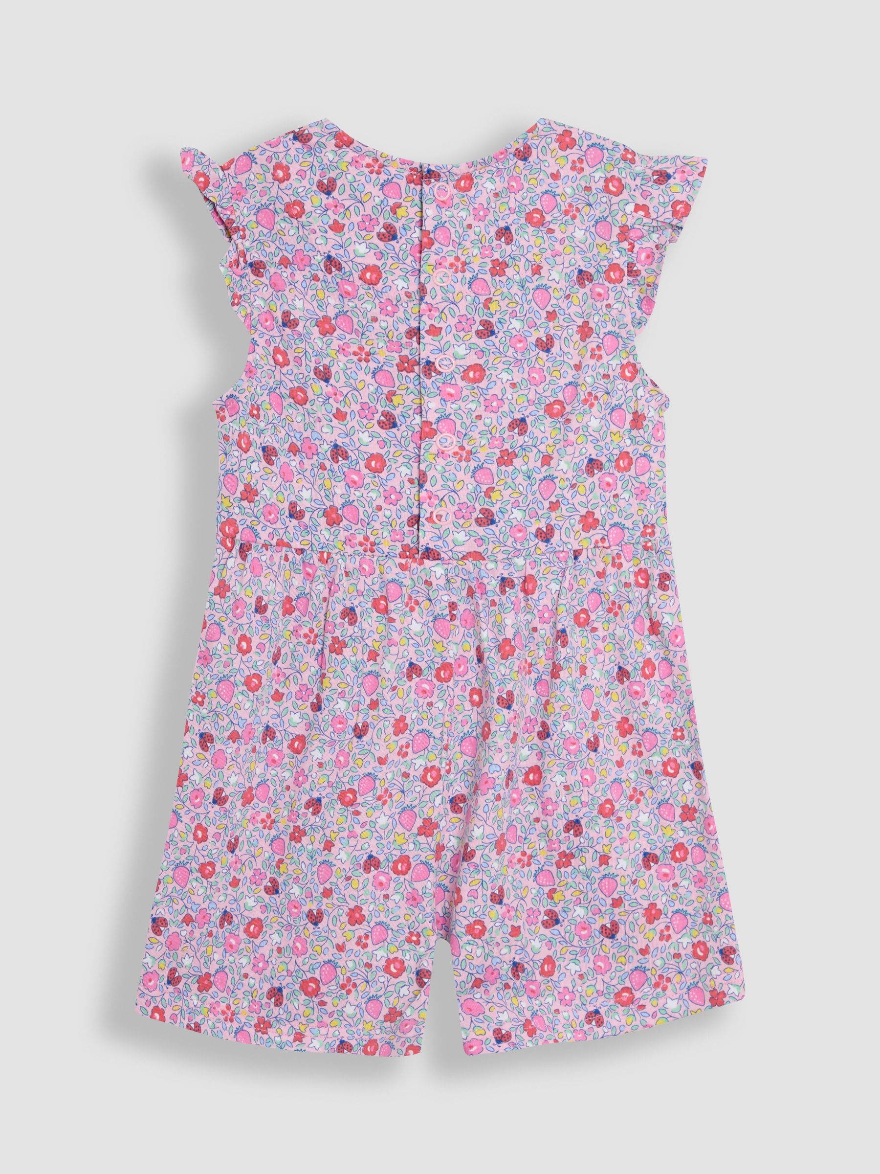 Pink Strawberry Ditsy Floral Ruffle Shoulder 100% Cotton Playsuit - Image 2 of 3