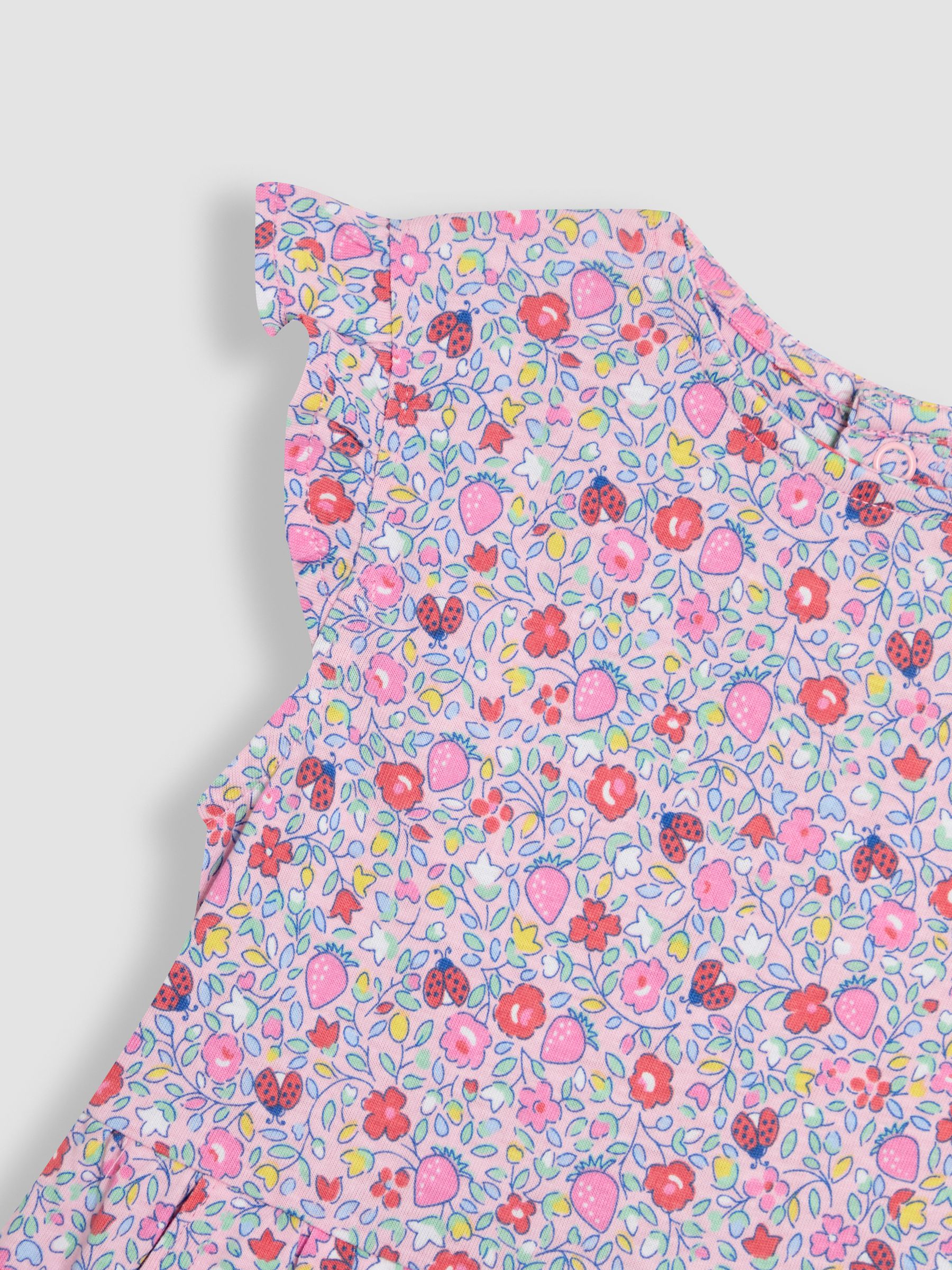 Pink Strawberry Ditsy Floral Ruffle Shoulder 100% Cotton Playsuit - Image 3 of 3