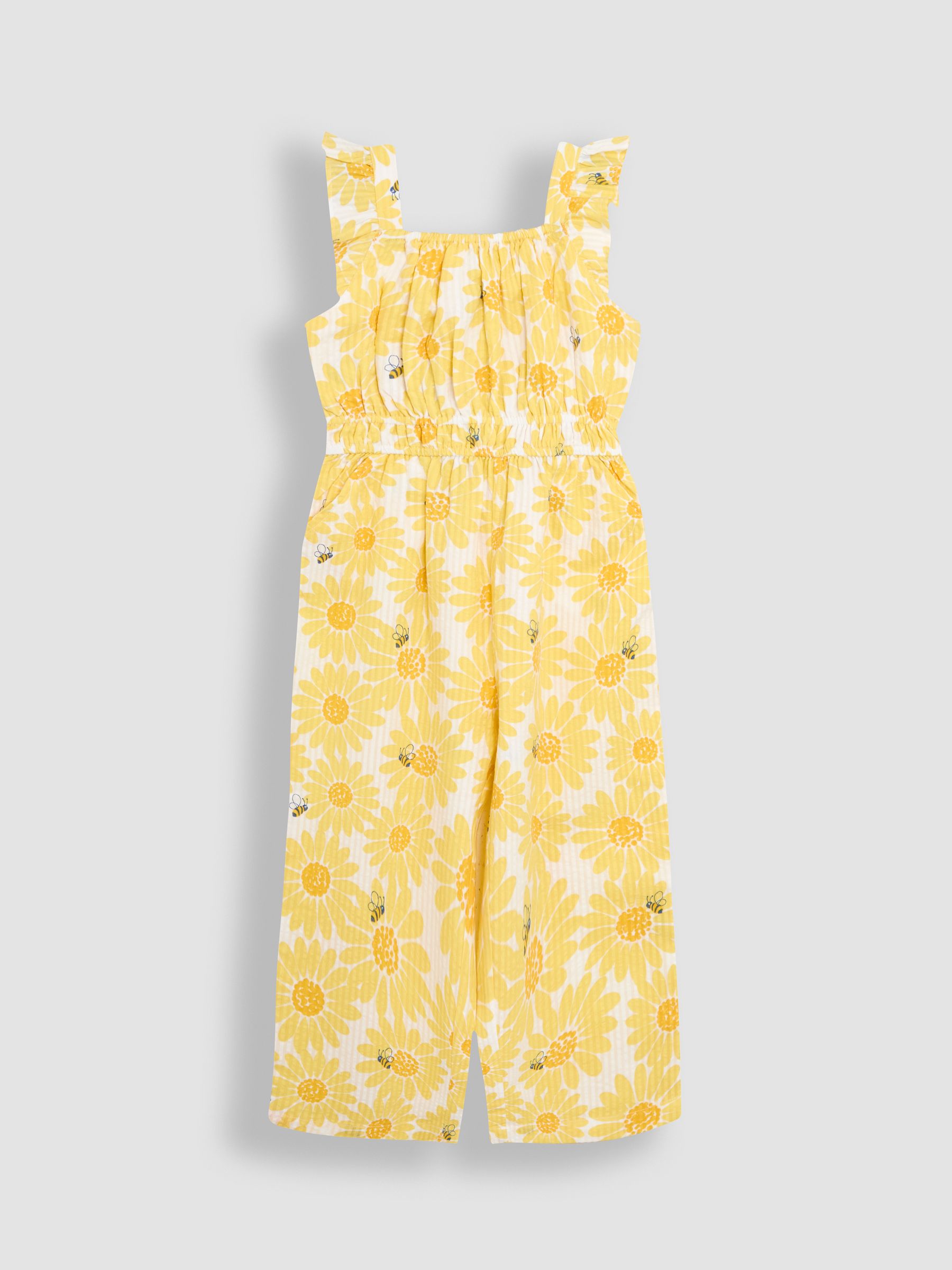 Yellow Sunflower Print Seersucker Frill Sleeve Jumpsuit - Image 1 of 3