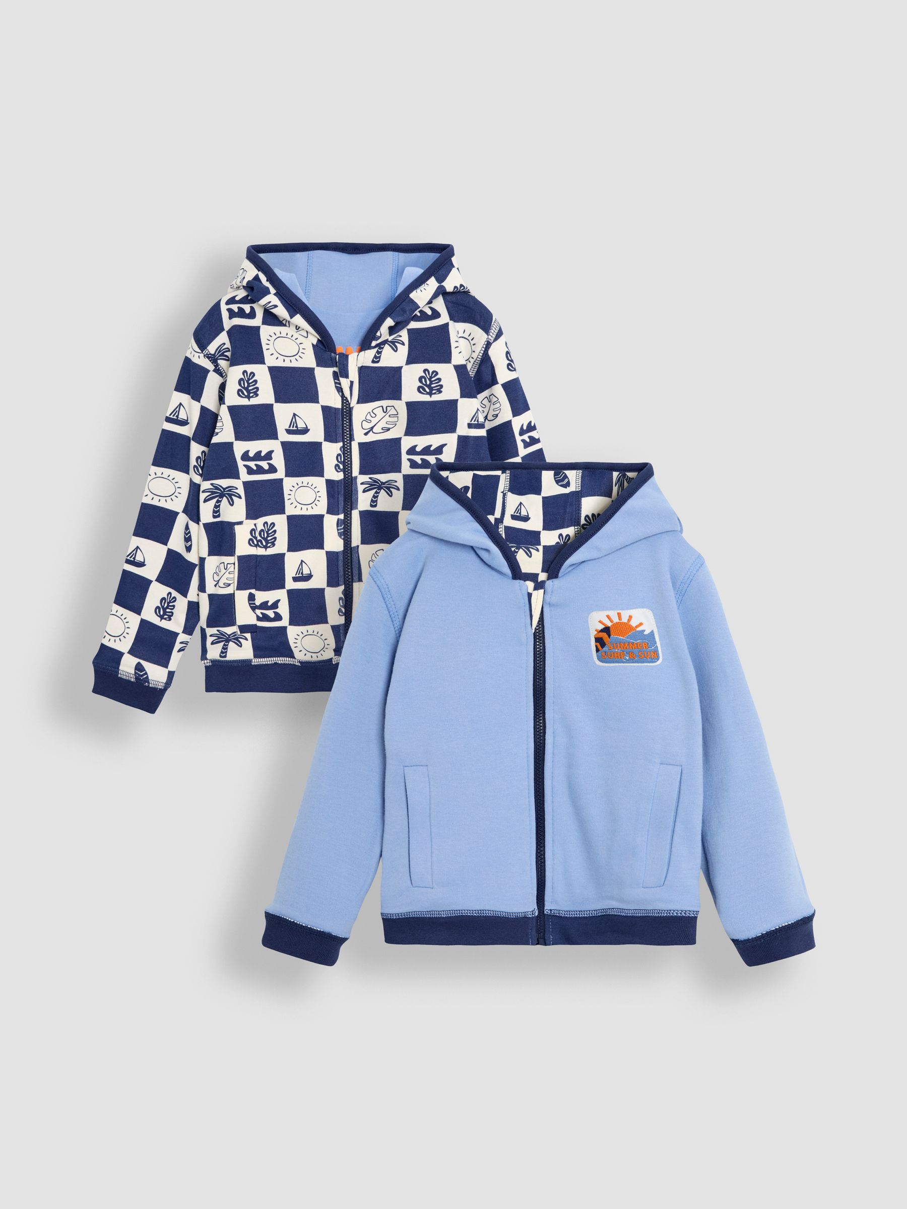 Navy Surf Checkerboard Print Reversible 100% Cotton Hoodie - Image 1 of 8