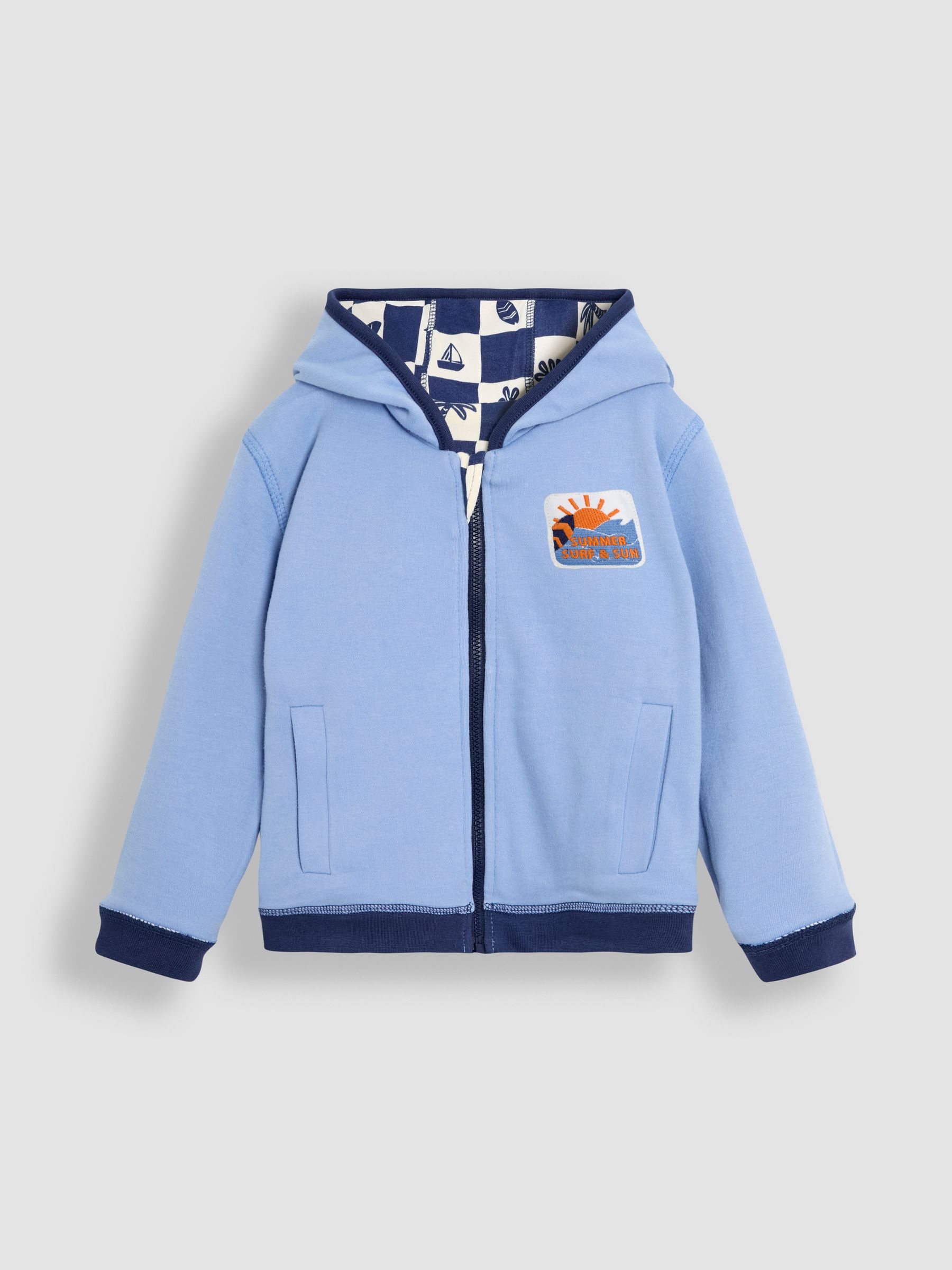Navy Surf Checkerboard Print Reversible 100% Cotton Hoodie - Image 4 of 8