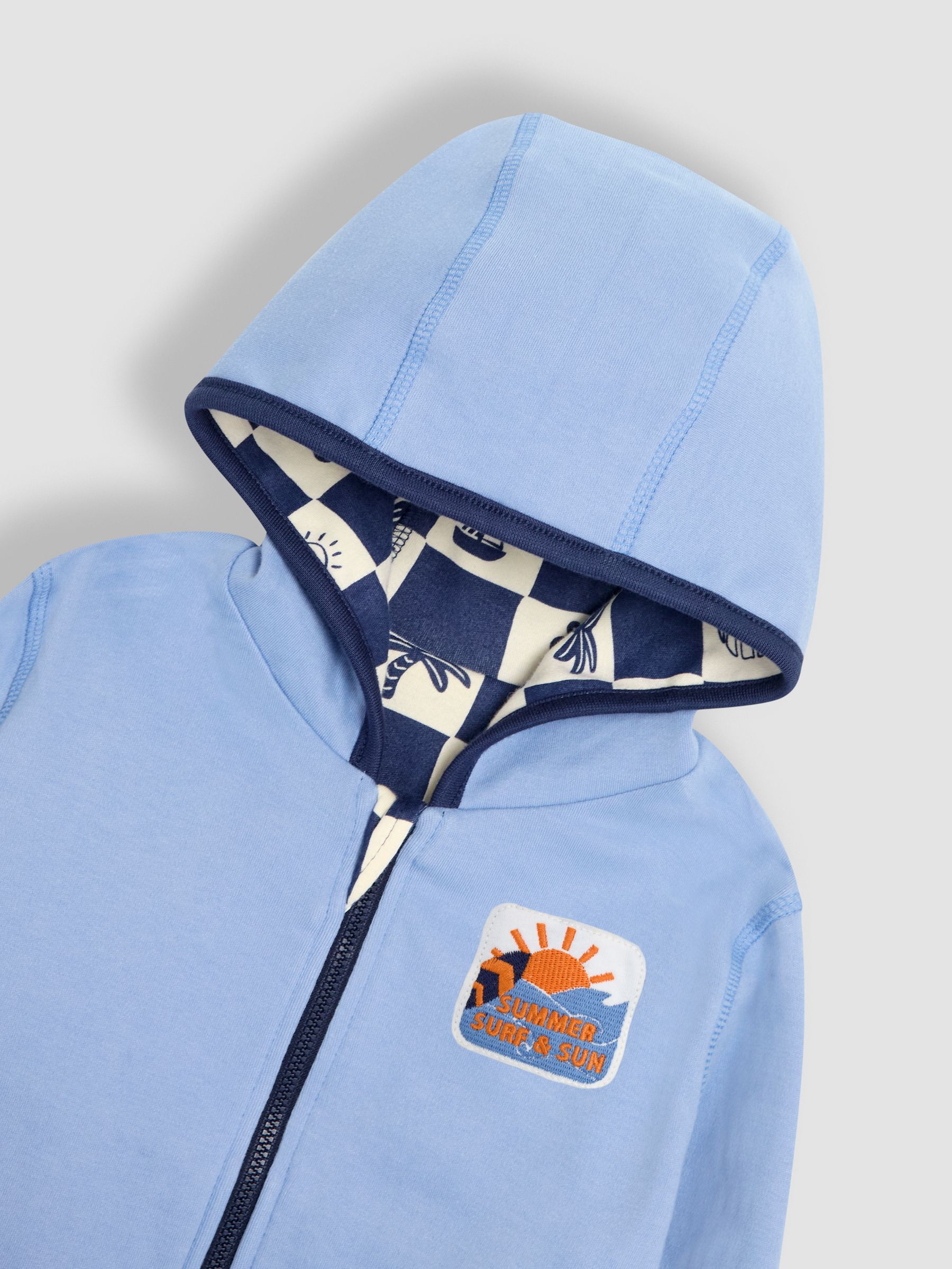 Navy Surf Checkerboard Print Reversible 100% Cotton Hoodie - Image 6 of 8