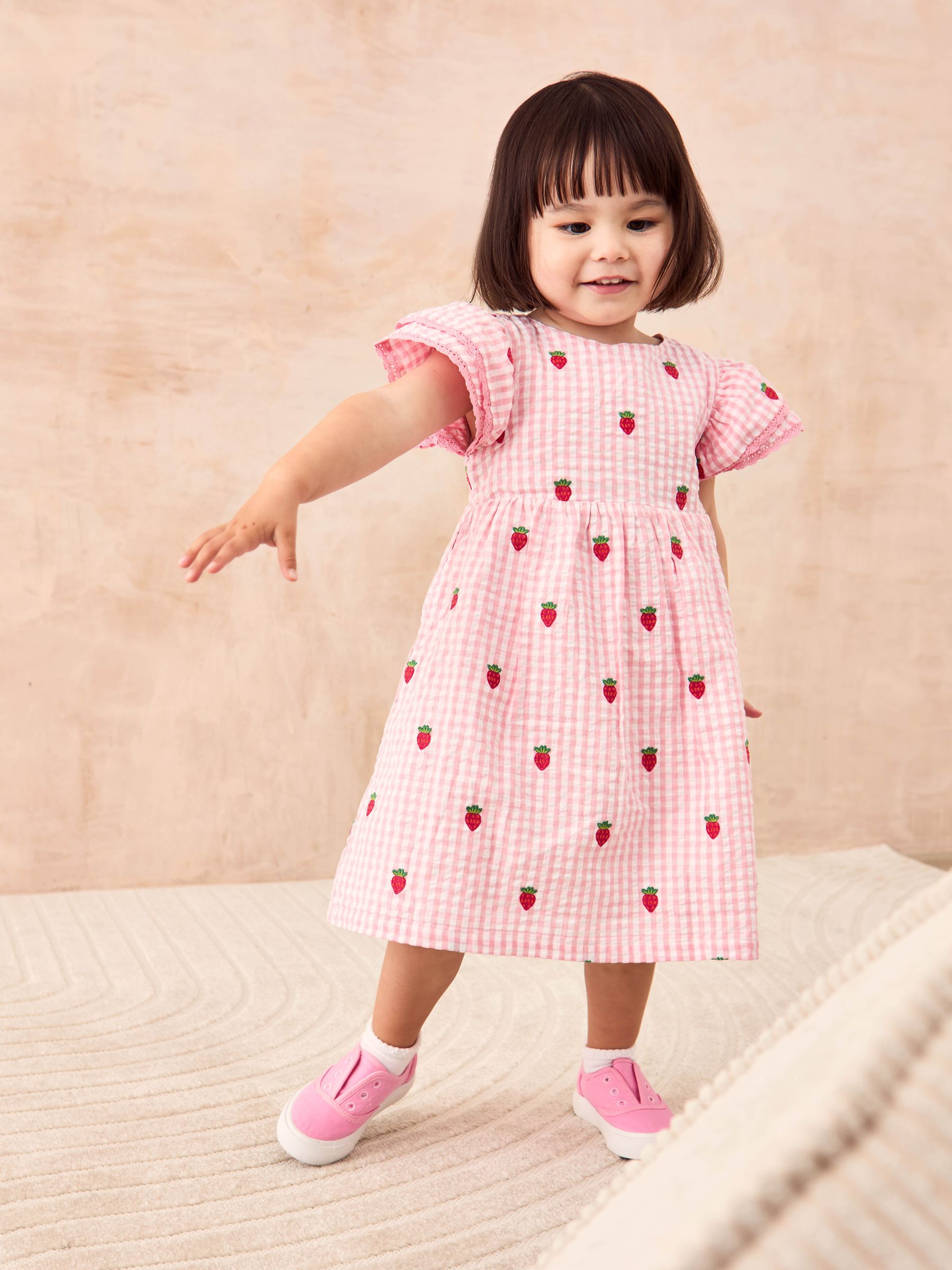 Pink Strawberry Embroidered Gingham Double Frill Shoulder Dress - Image 1 of 3