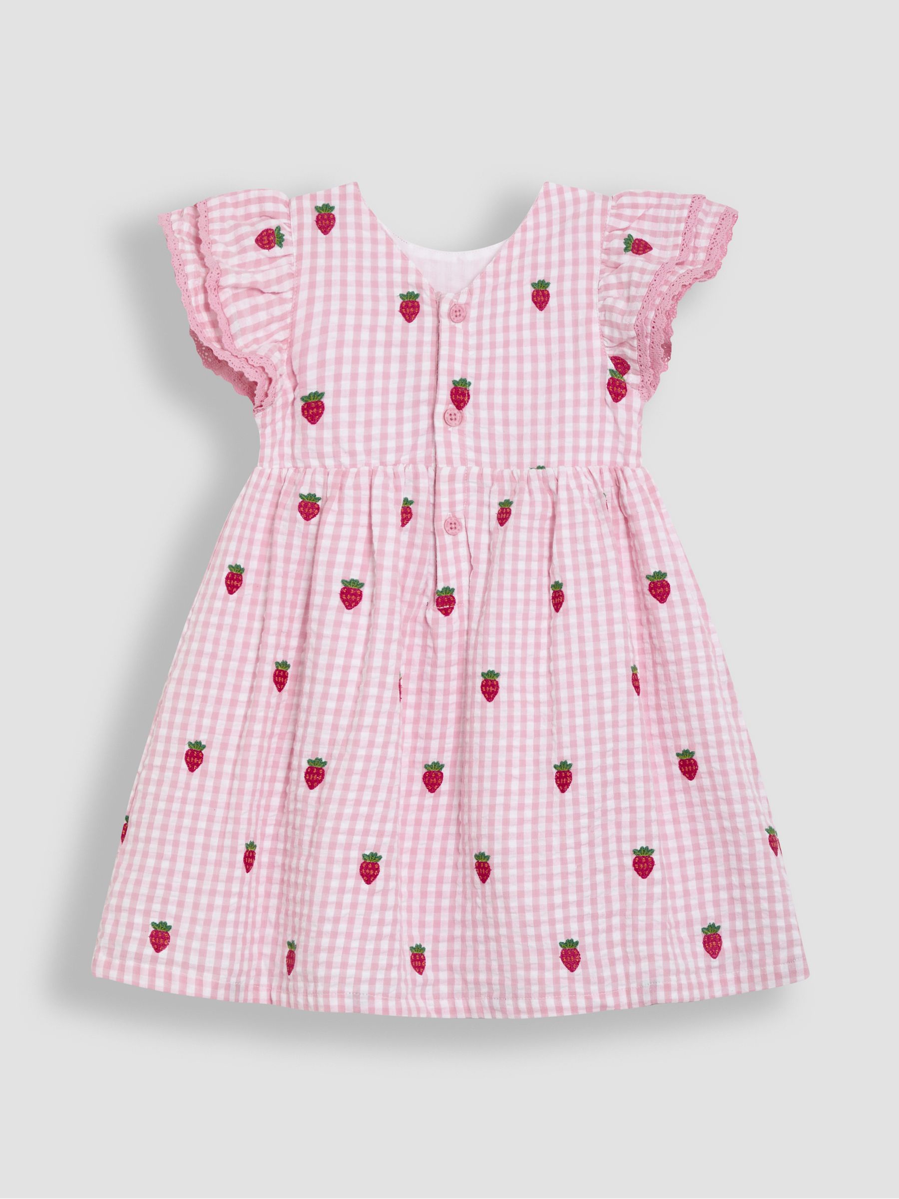Pink Strawberry Embroidered Gingham Double Frill Shoulder Dress - Image 6 of 7