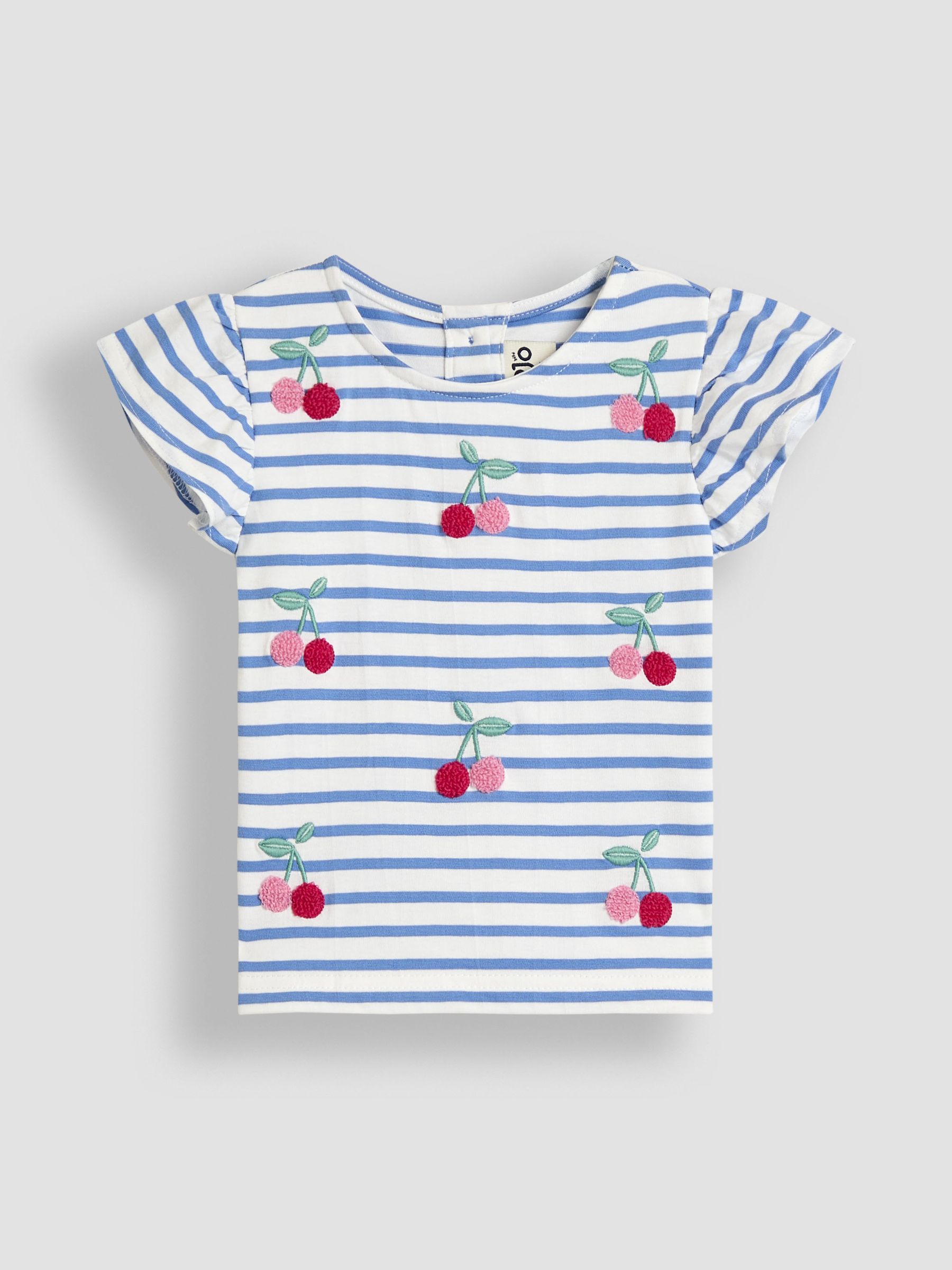 Blue Cherry Embroidered Frill Sleeve 100% Cotton T-Shirt - Image 1 of 3
