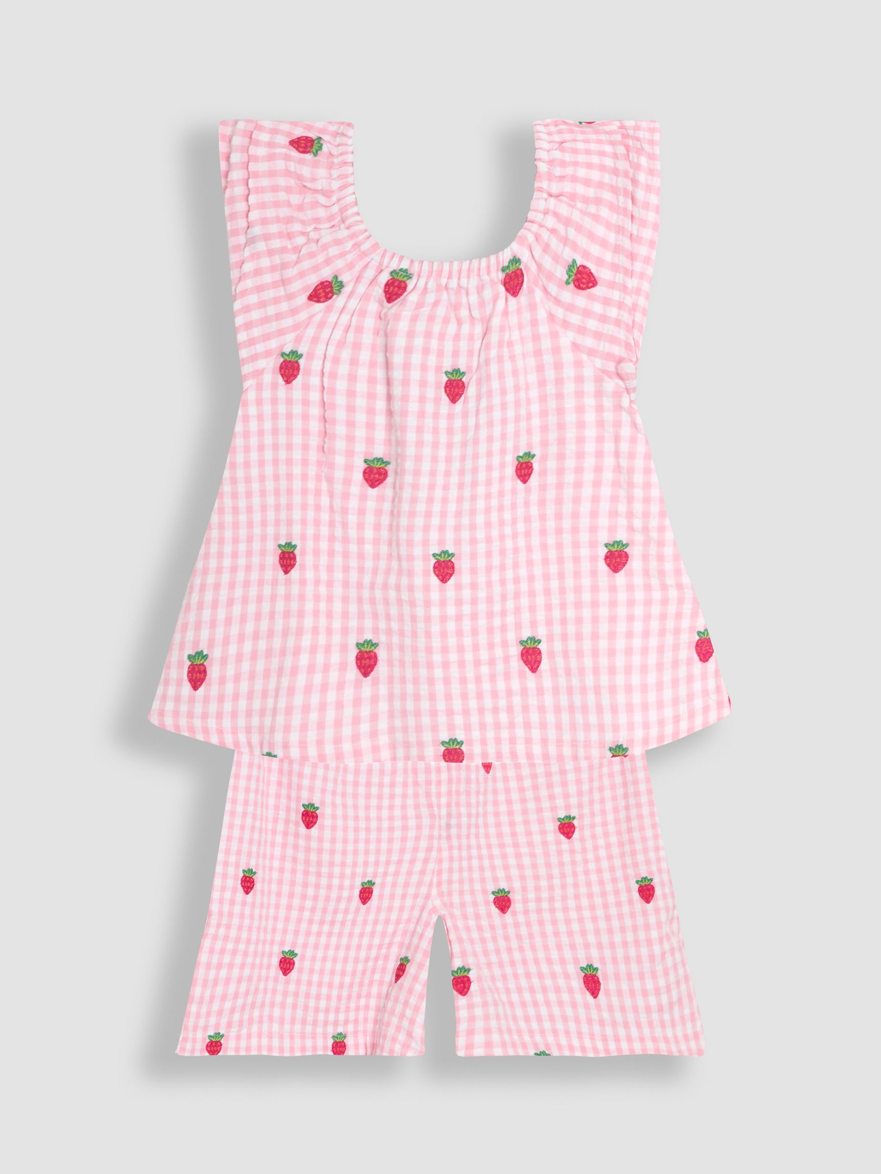 Pink Gingham Strawberry Embroidered Blouse and Shorts Set 2 Piece - Image 1 of 6