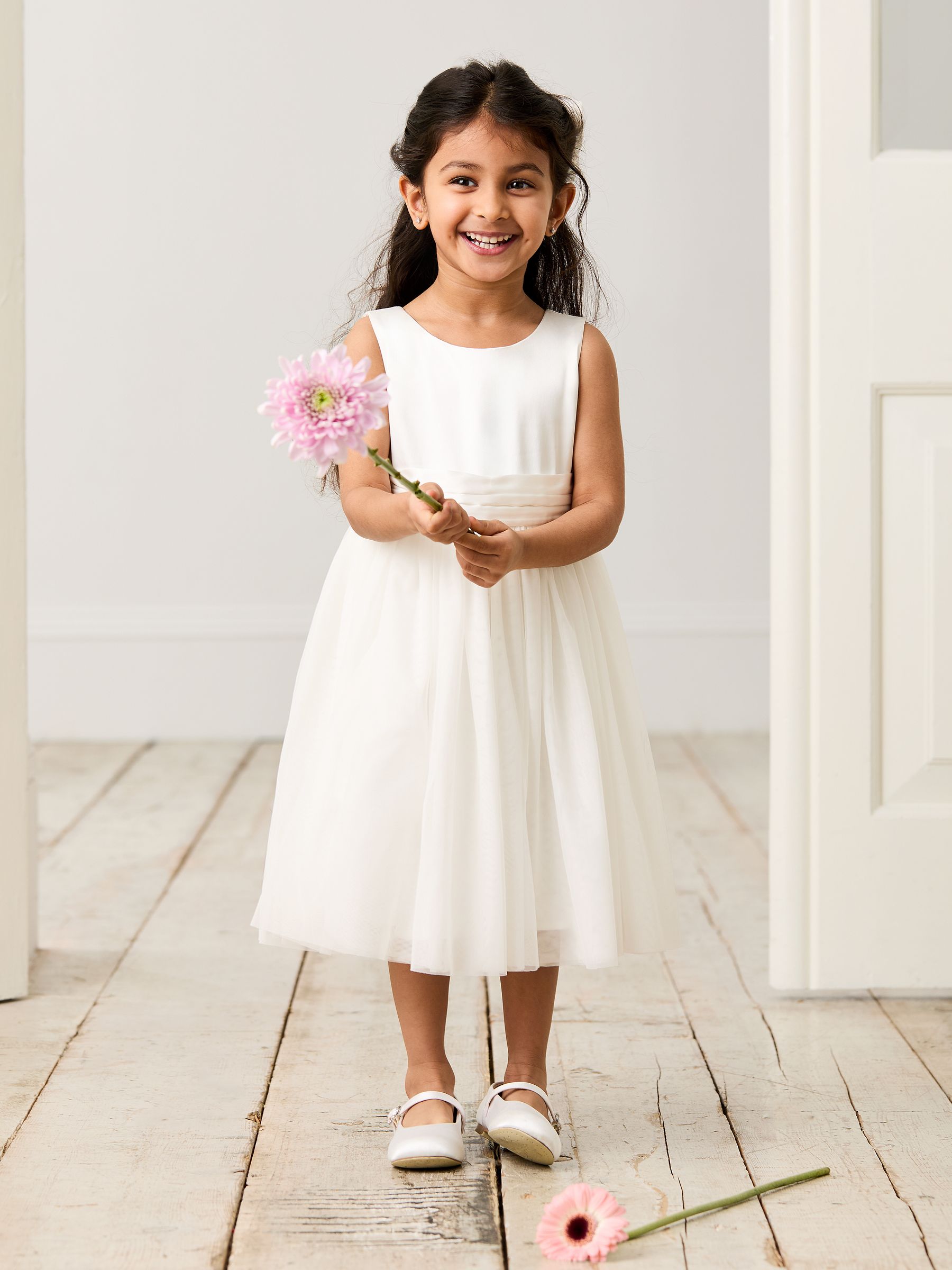 Cream Girl Satin Flower Dress With Satin Sash - Image 1 of 6