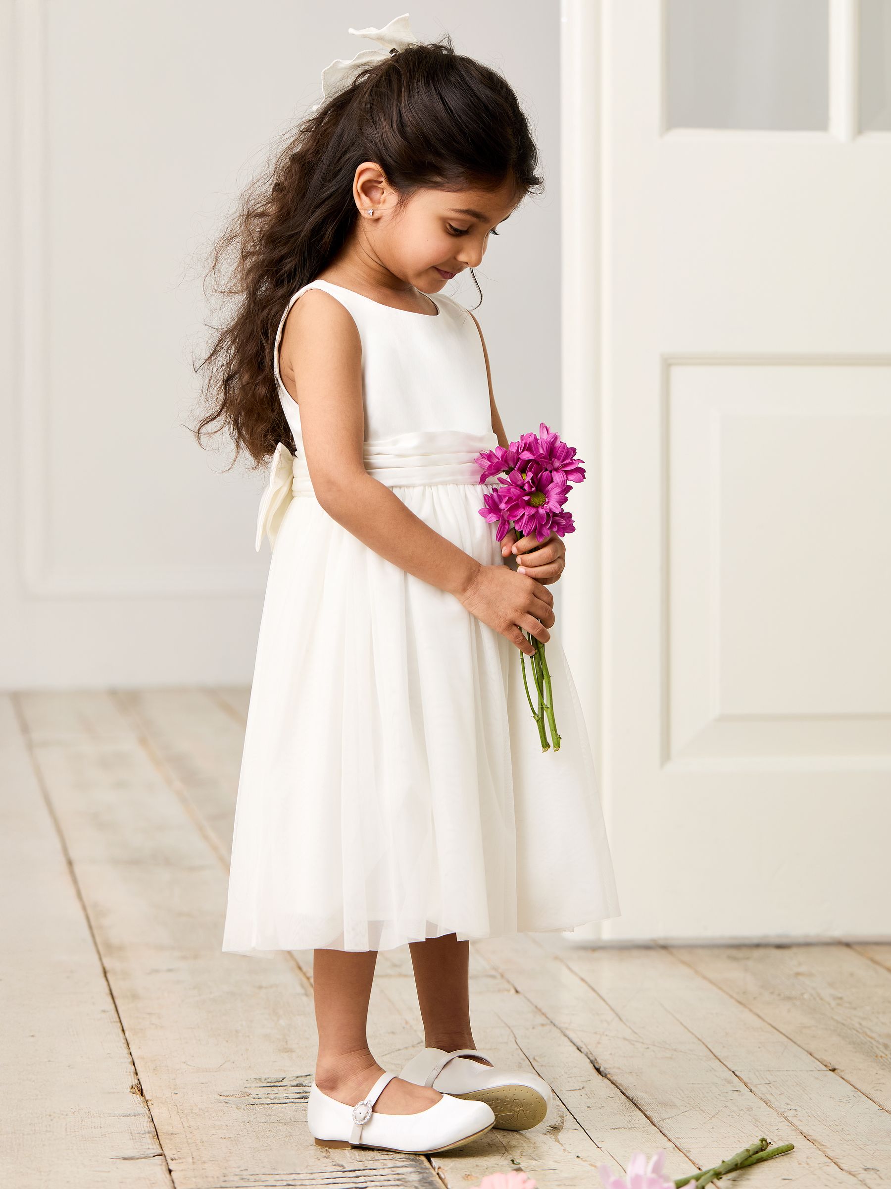 Cream Girl Satin Flower Dress With Satin Sash - Image 2 of 6