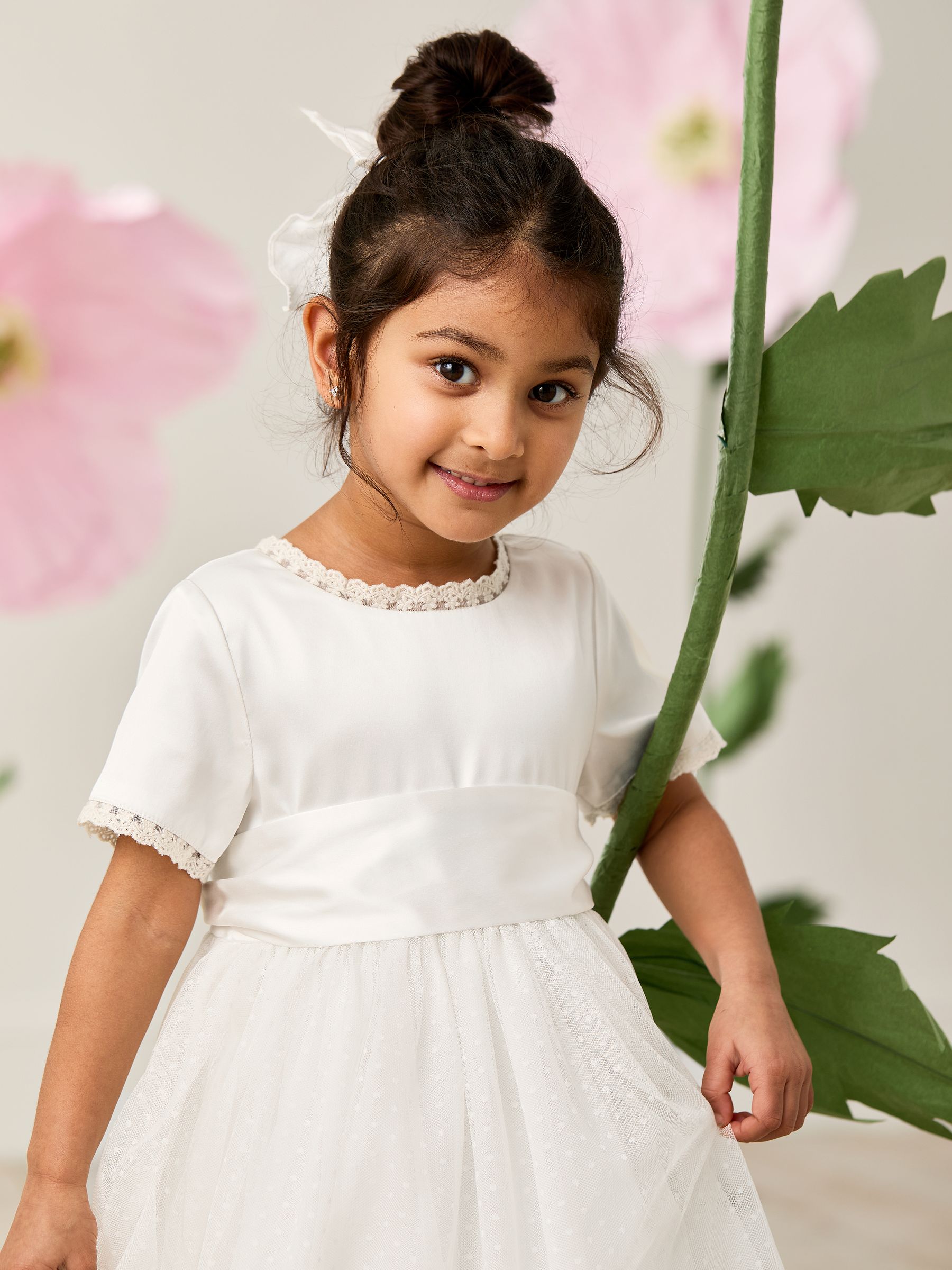 Cream Embroidered Lace Flower Girl Dress With Satin Sash - Image 3 of 10