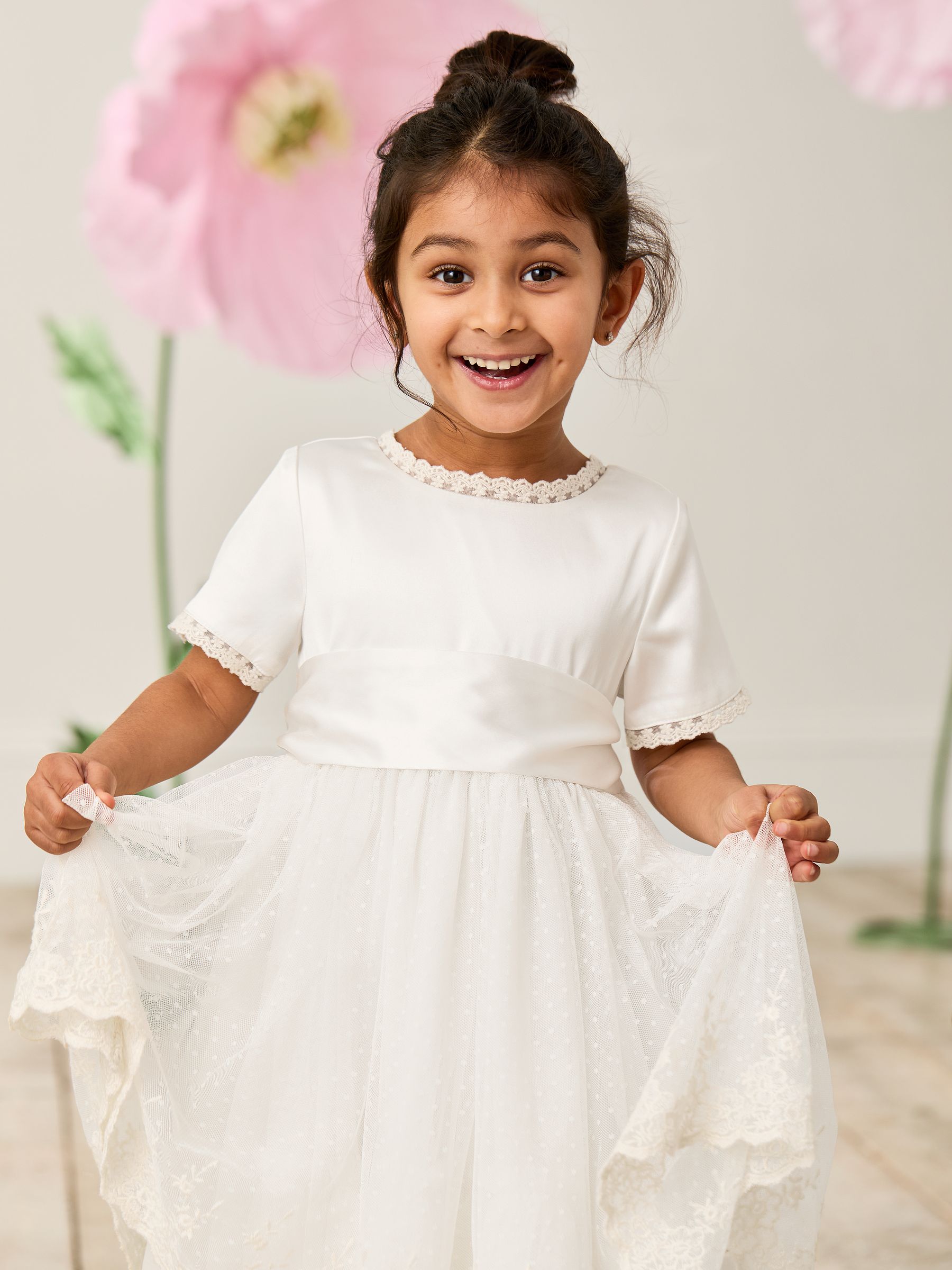 Cream Embroidered Lace Flower Girl Dress With Satin Sash - Image 4 of 10