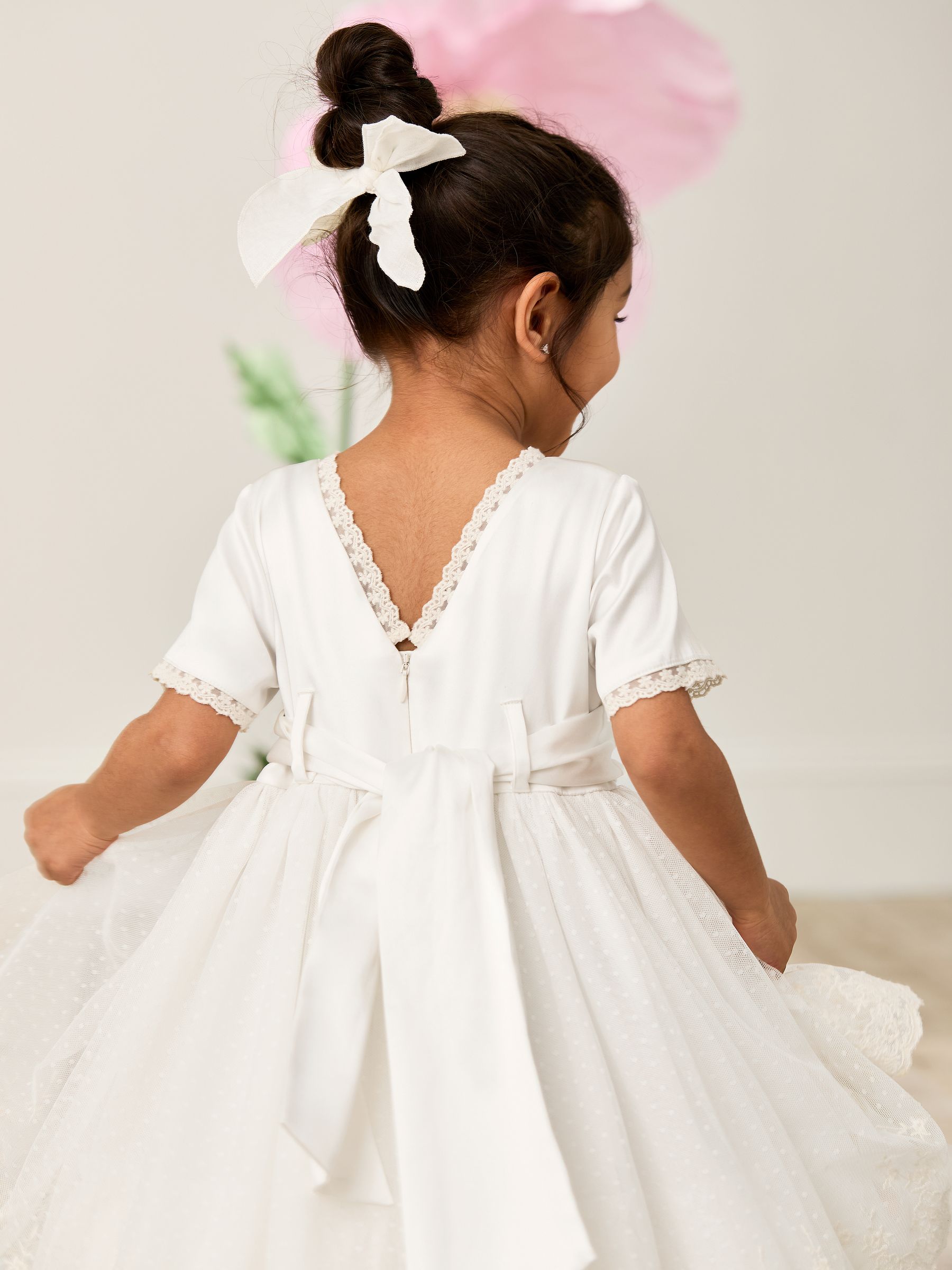 Cream Embroidered Lace Flower Girl Dress With Satin Sash - Image 5 of 10