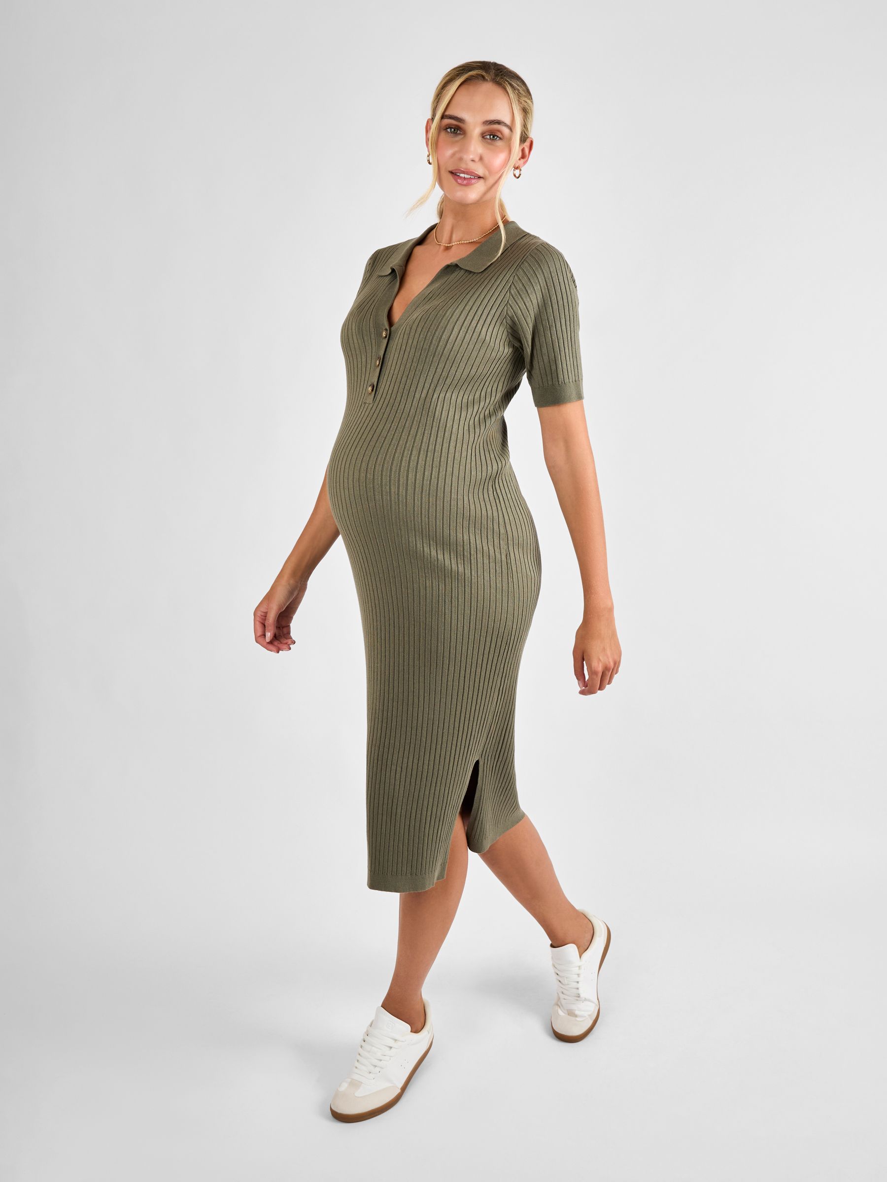 Khaki Collared Ribbed Knitted Maternity Dress - Image 2 of 5