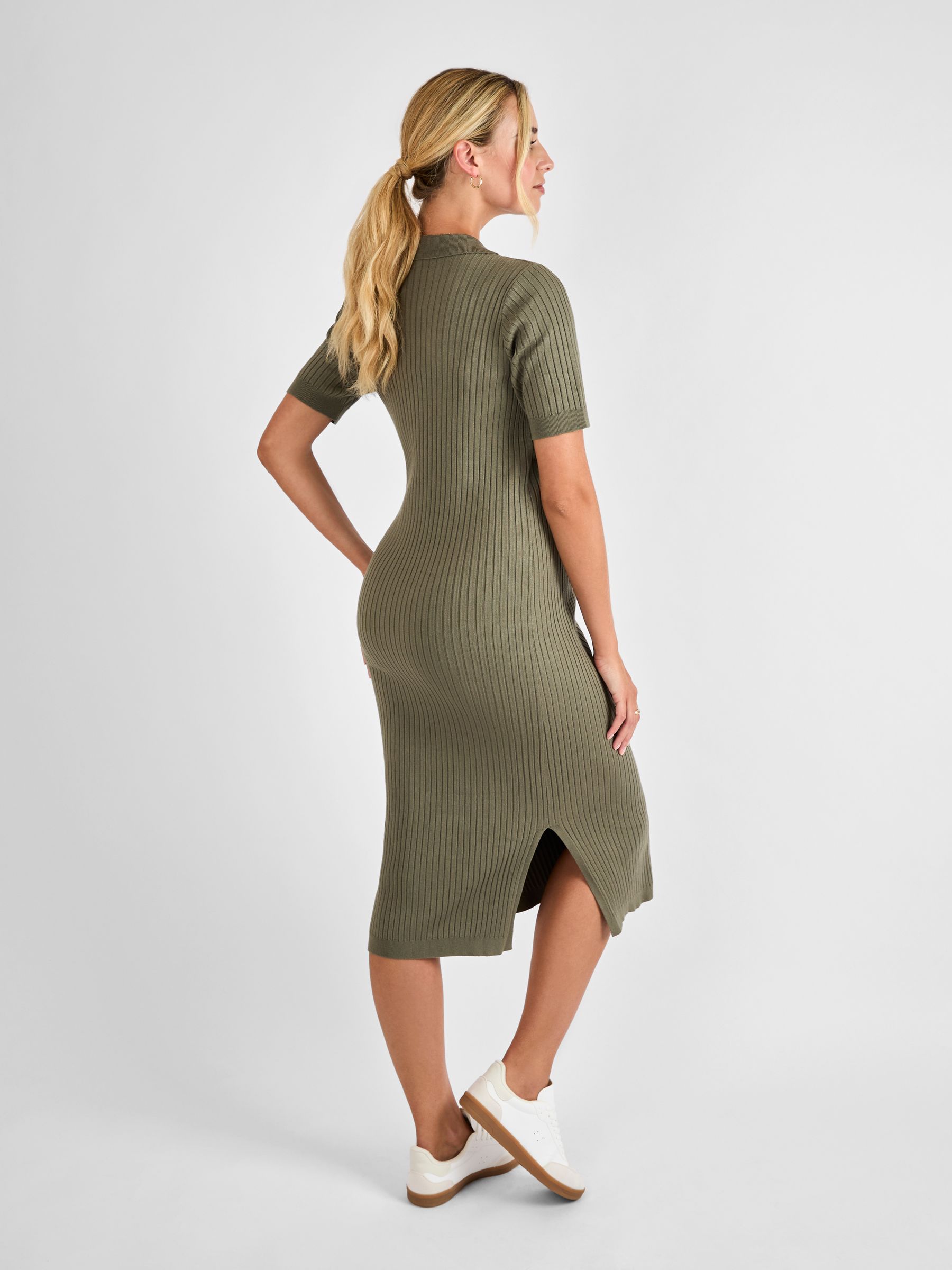 Khaki Collared Ribbed Knitted Maternity Dress - Image 3 of 5