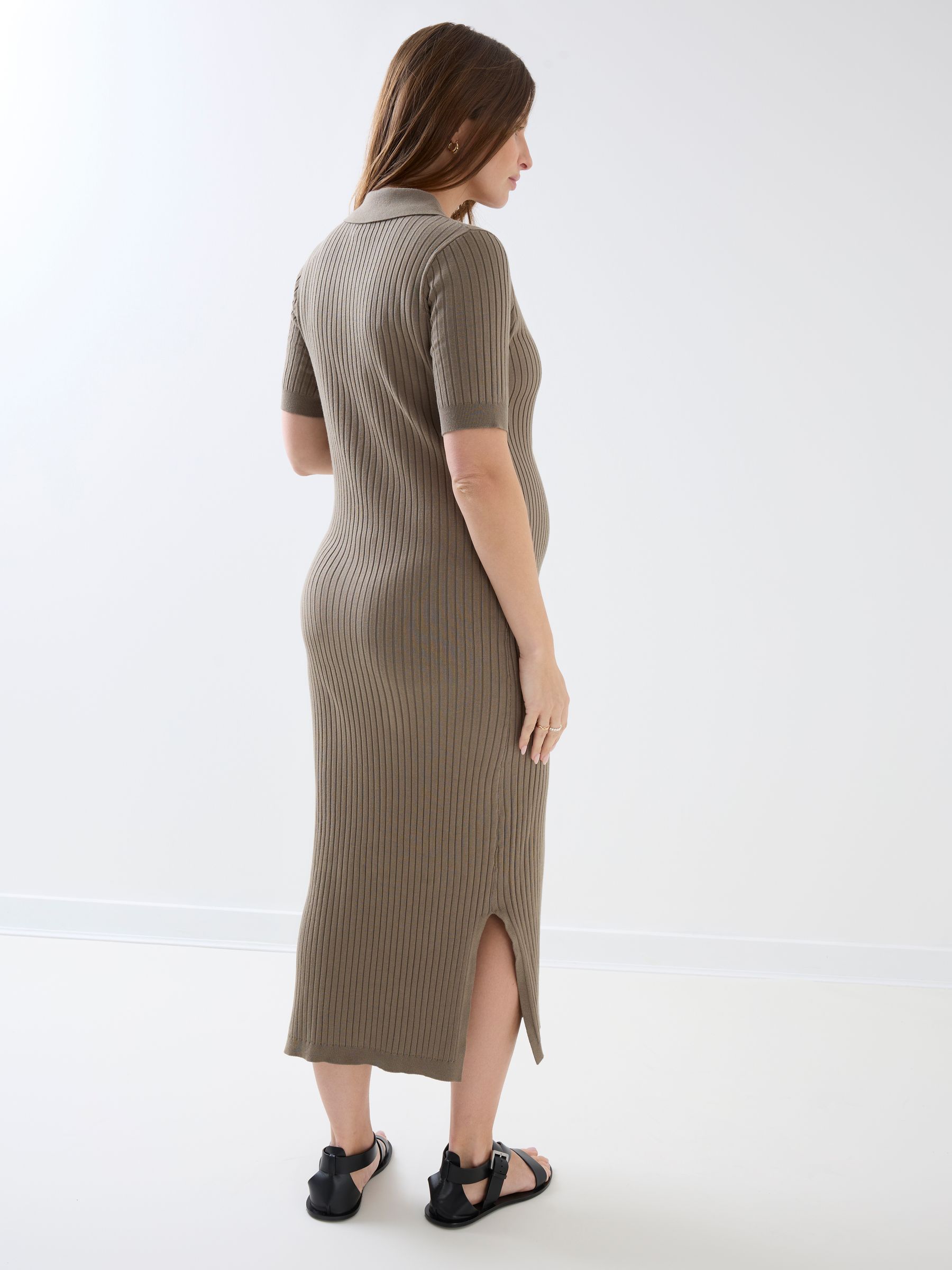 Khaki Collared Ribbed Knitted Maternity Dress - Image 6 of 6 Khaki Collared Ribbed Knitted Maternity Dress - Image 6 of 6
