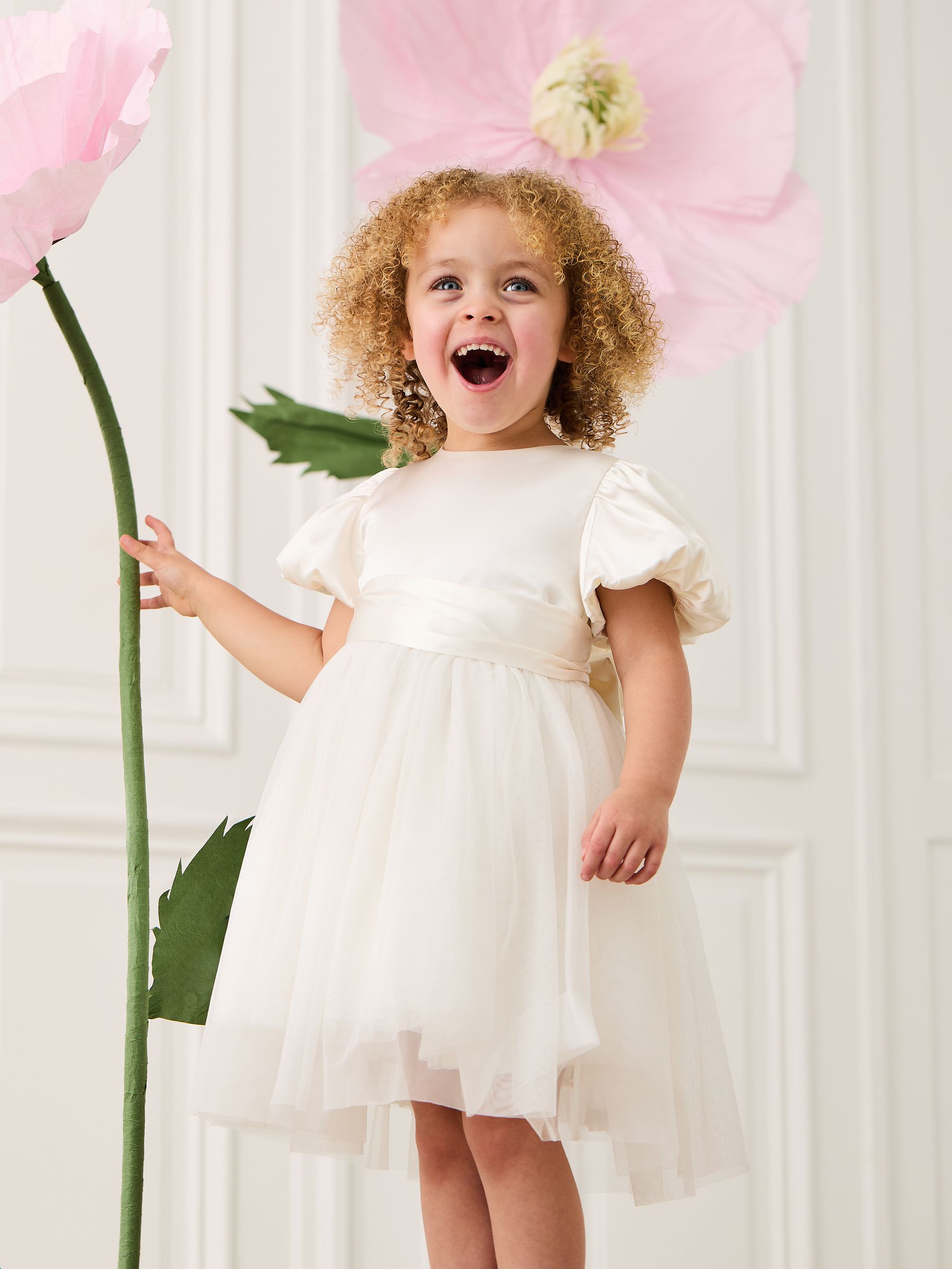 Cream Balloon Sleeve Satin Sash Flower Girl Dress - Image 1 of 7