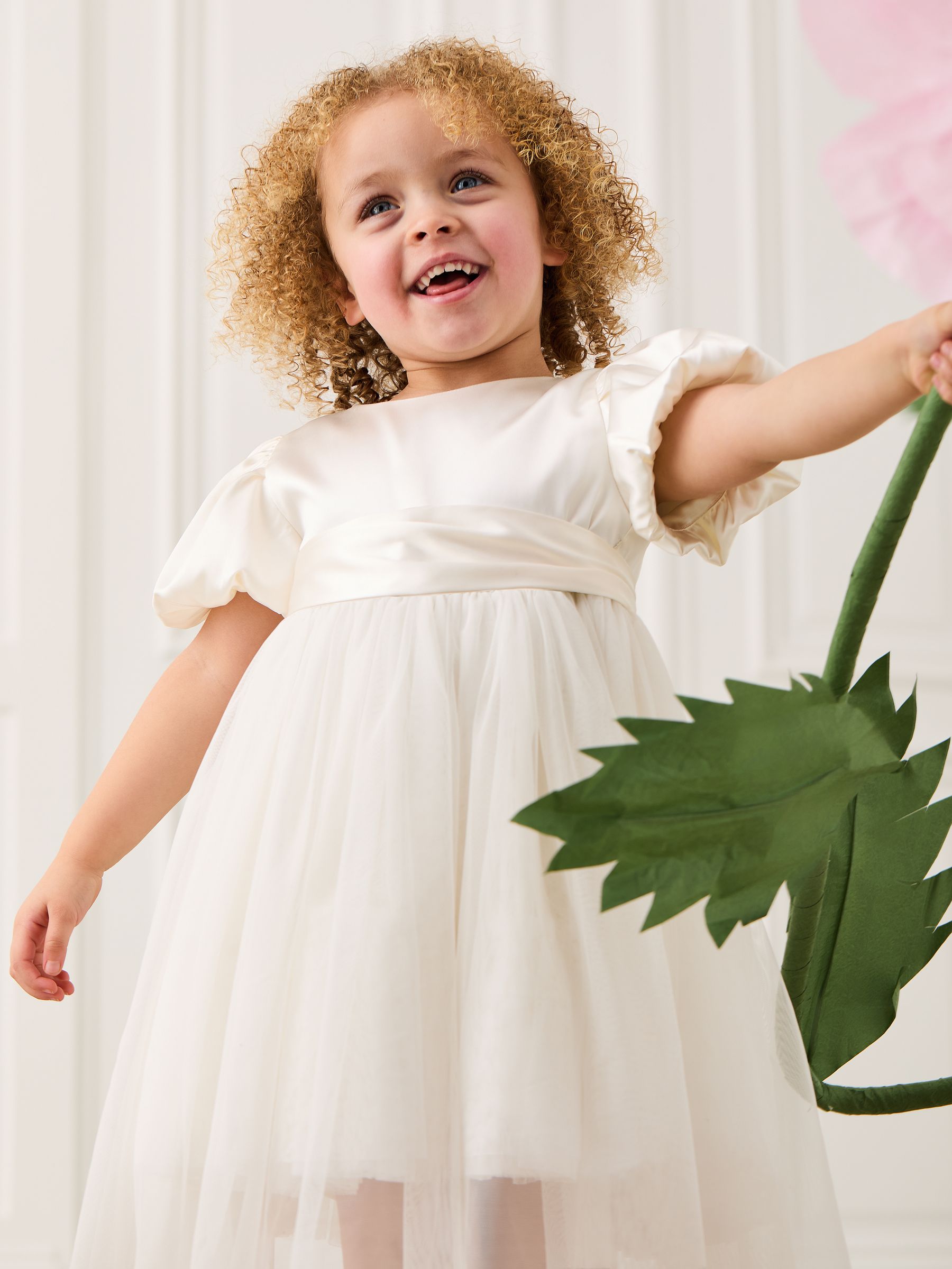 Cream Balloon Sleeve Satin Sash Flower Girl Dress - Image 3 of 7