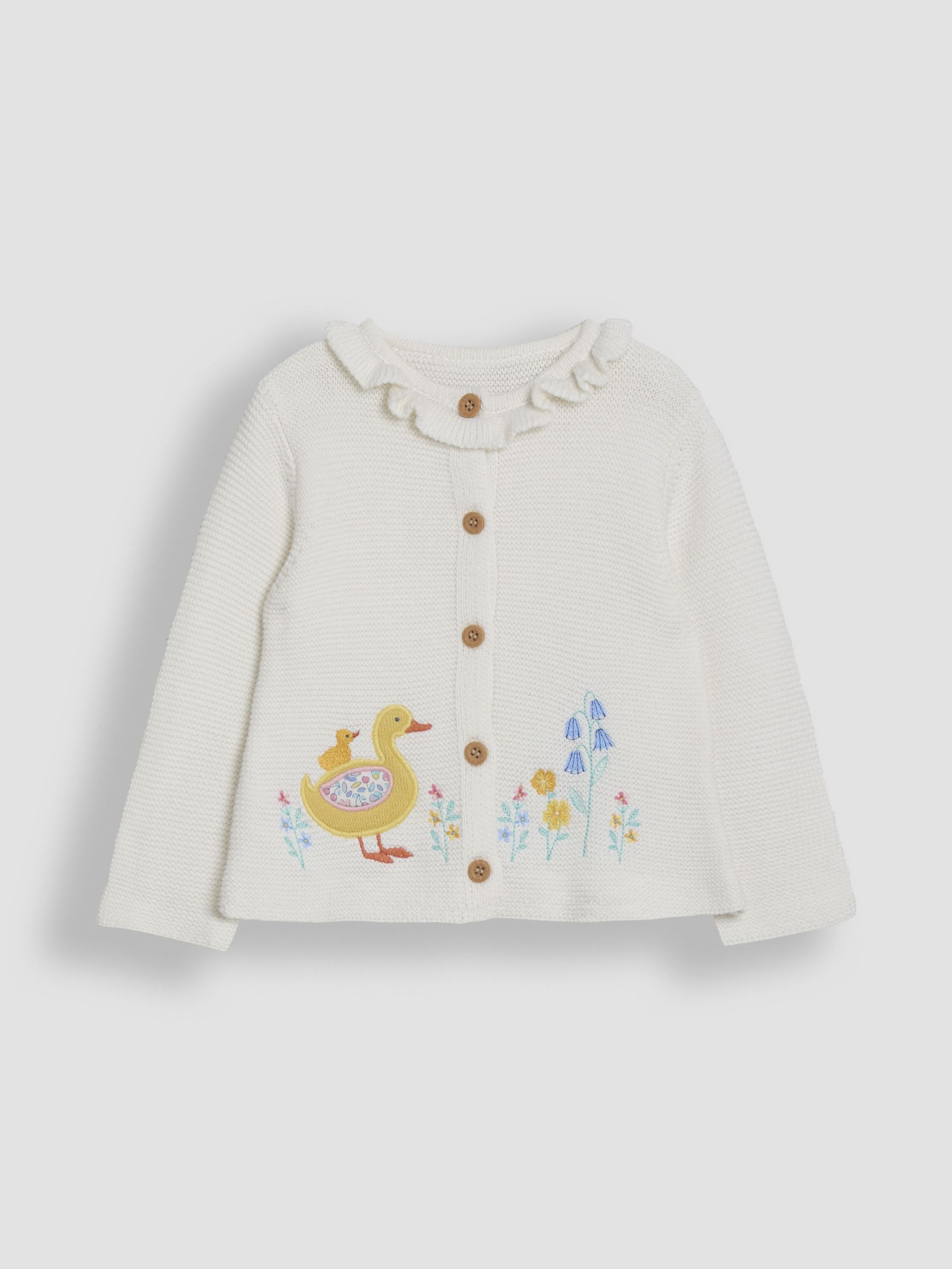Cream Floral Duck Applique Ruffle Collar 100% Cotton Cardigan - Image 1 of 3
