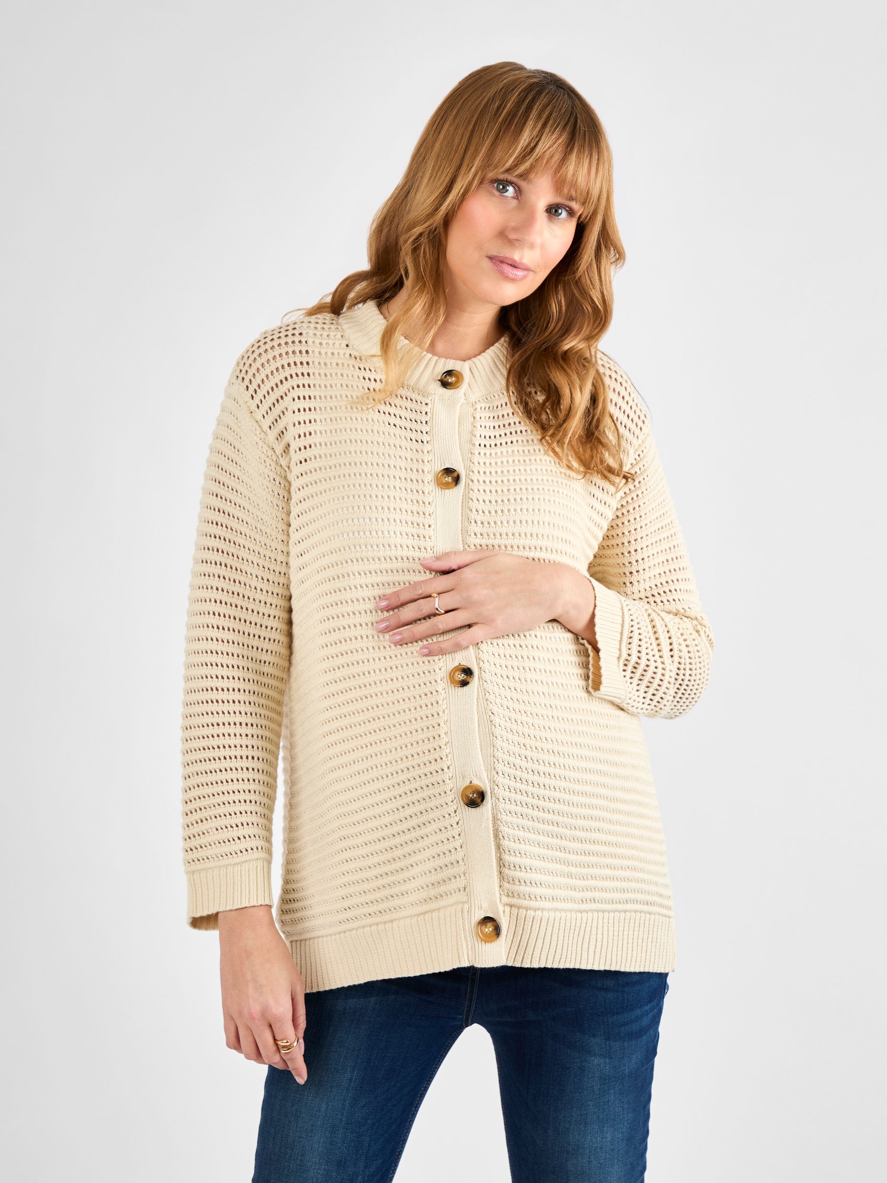 Cream Pointelle Button Maternity Knit Cardigan - Image 1 of 4