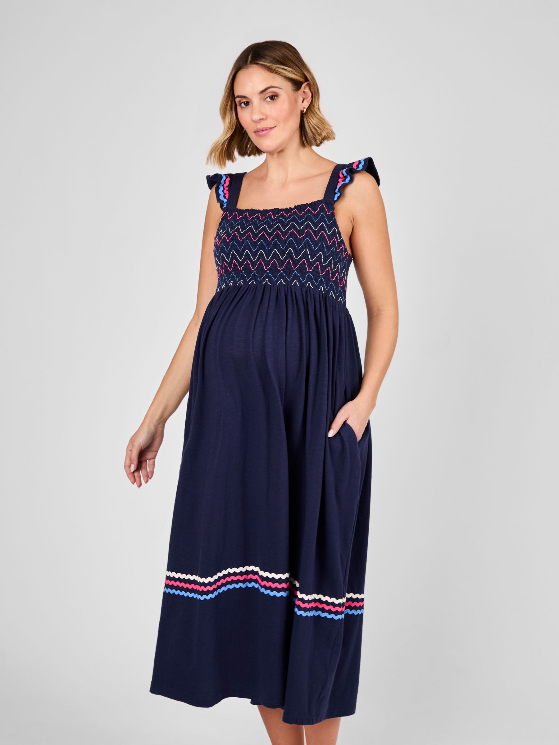 Navy Maternity Frill Sleeve Shirred Midi Dress - Image 3 of 4