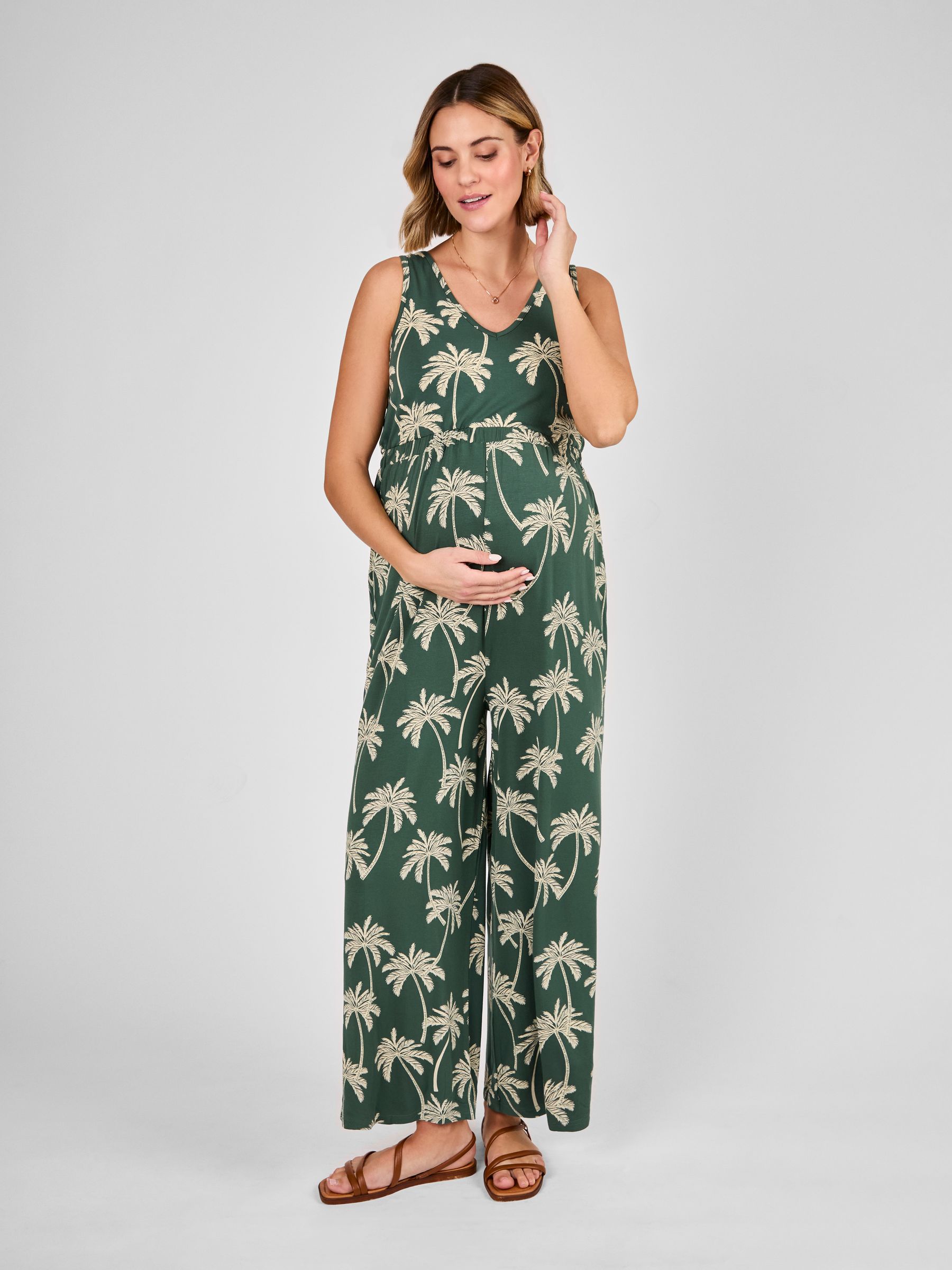 Khaki Maternity Palm Print Wide Leg Jersey Jumpsuit - Image 1 of 4