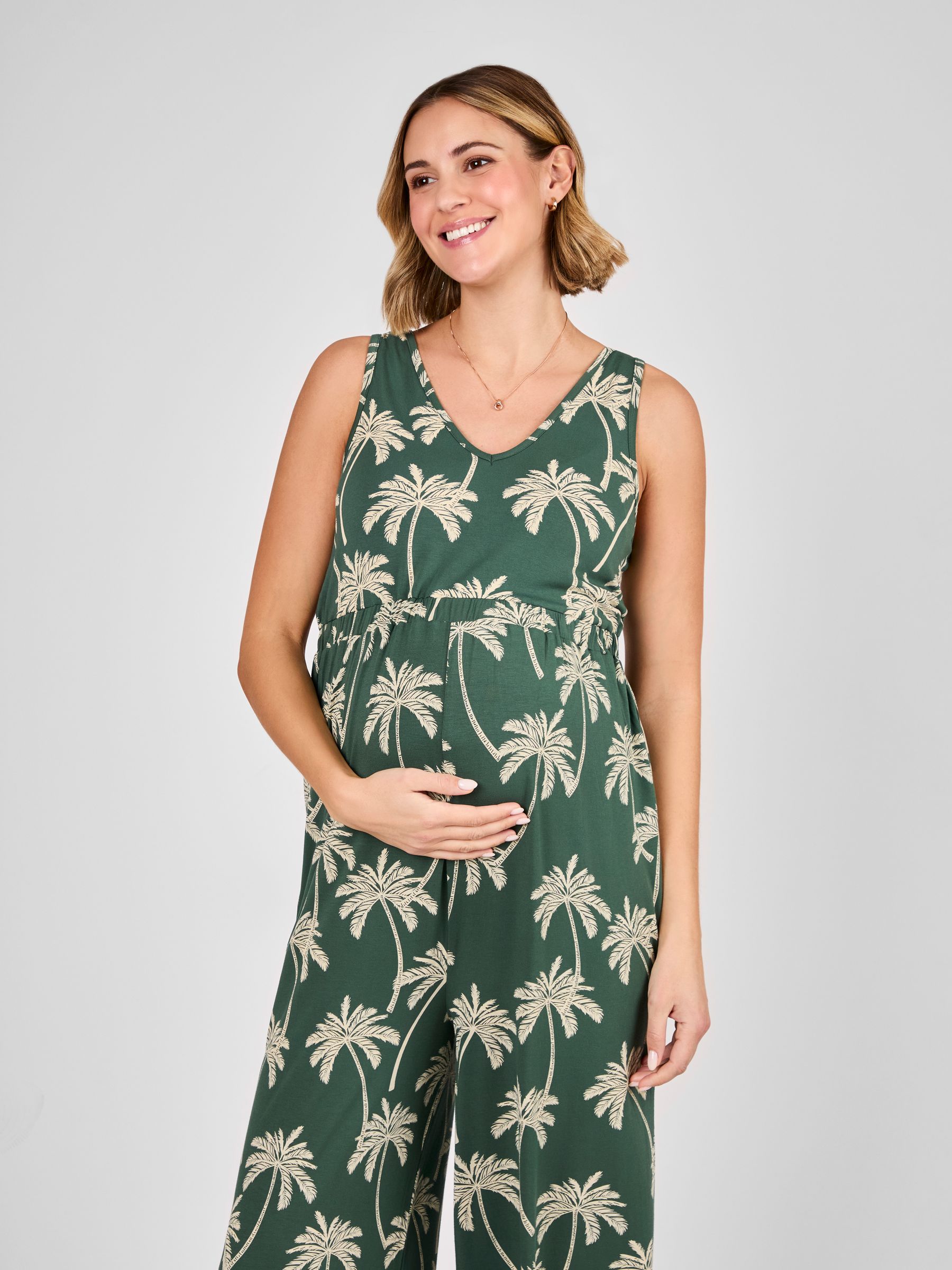 Khaki Maternity Palm Print Wide Leg Jersey Jumpsuit - Image 2 of 4