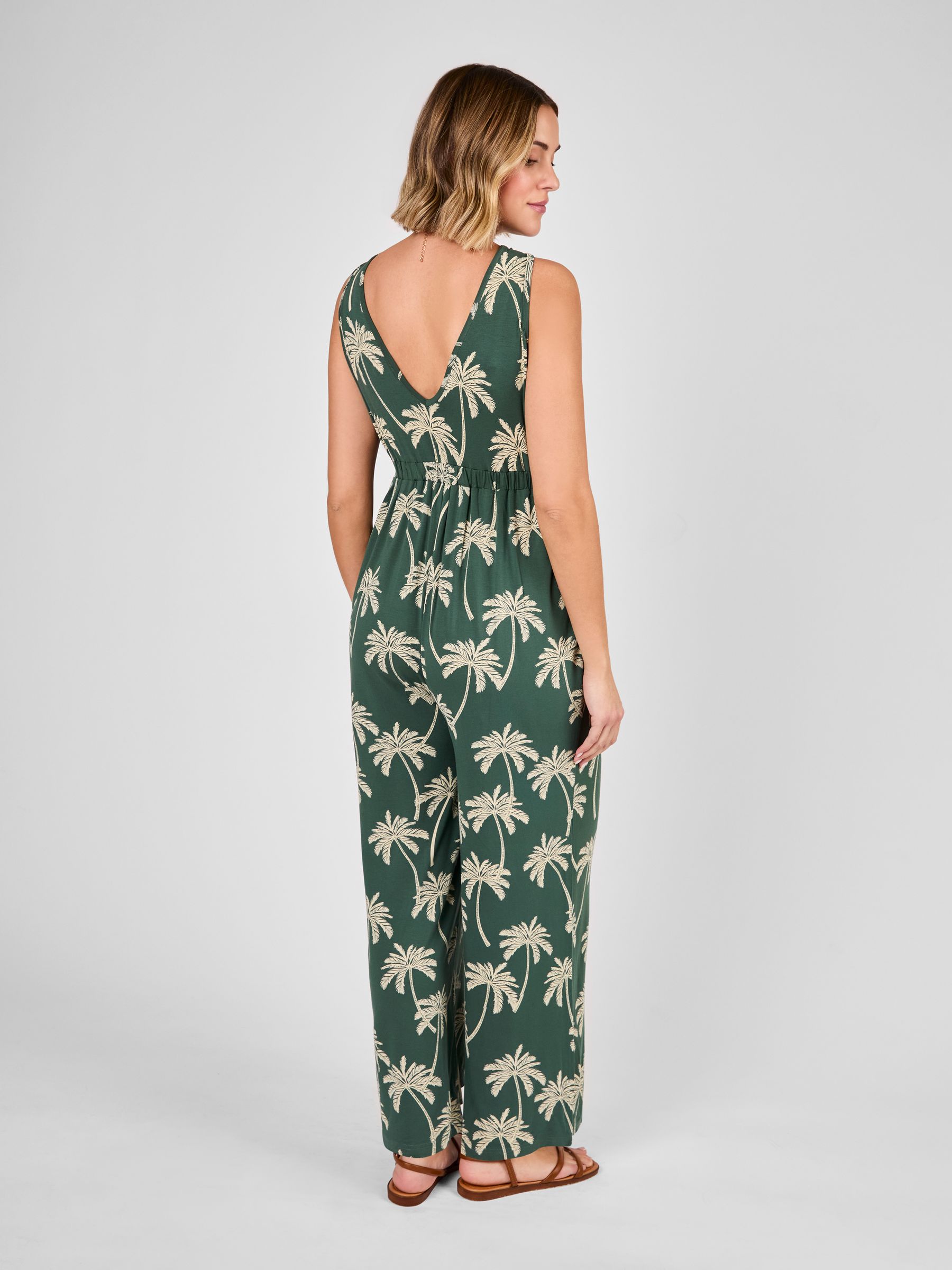 Khaki Maternity Palm Print Wide Leg Jersey Jumpsuit - Image 3 of 4