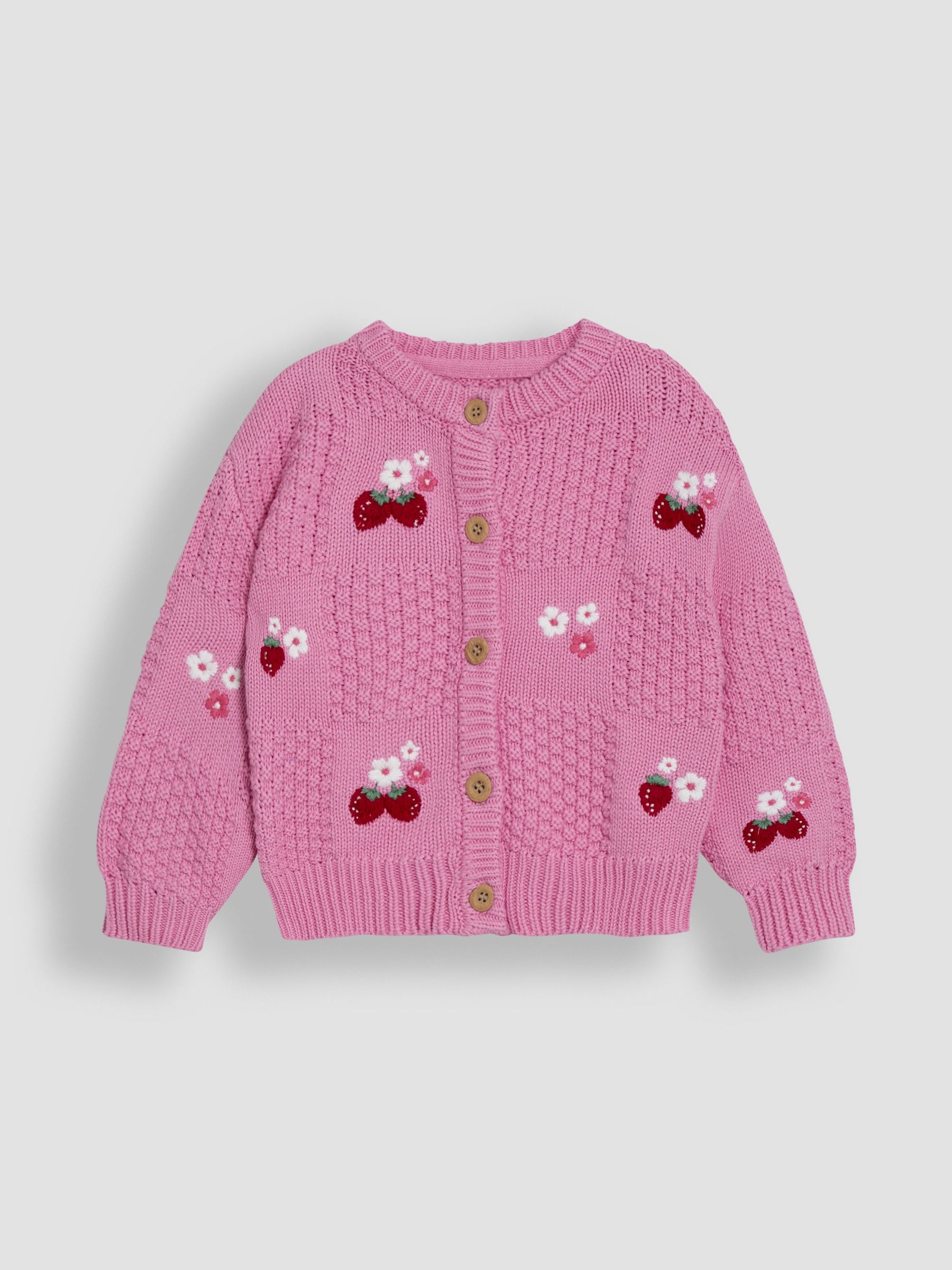 Pink Strawberry Embroidered 100% Cotton Cardigan - Image 1 of 3