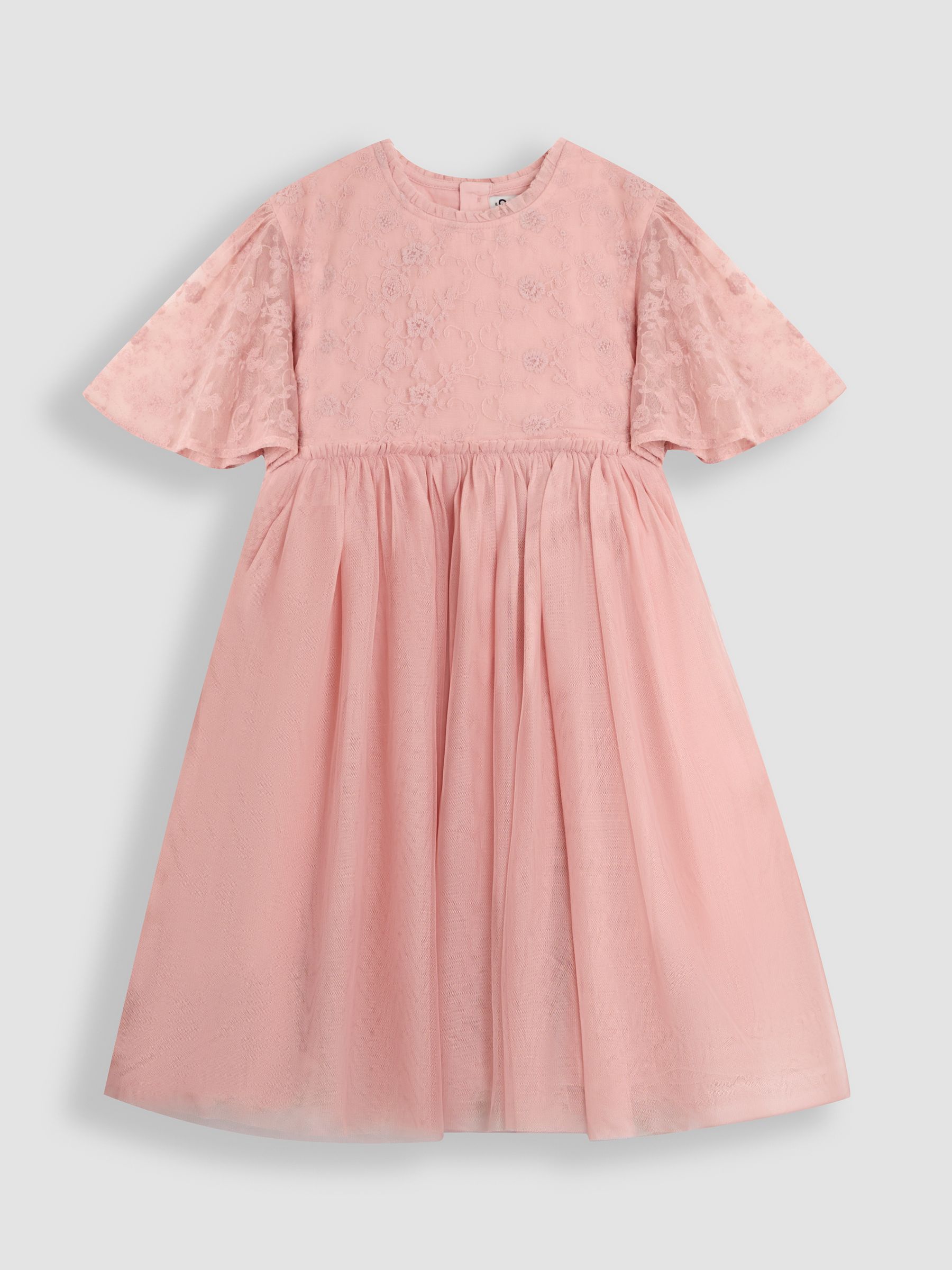 Pink Embroidered Lace Scallop Sleeve Flower Print Girl Dress - Image 1 of 4