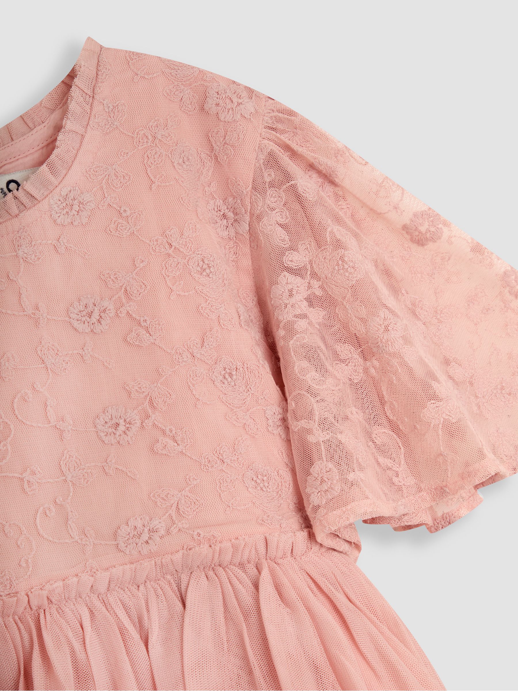 Pink Embroidered Lace Scallop Sleeve Flower Print Girl Dress - Image 5 of 5 Pink Embroidered Lace Scallop Sleeve Flower Print Girl Dress - Image 5 of 5