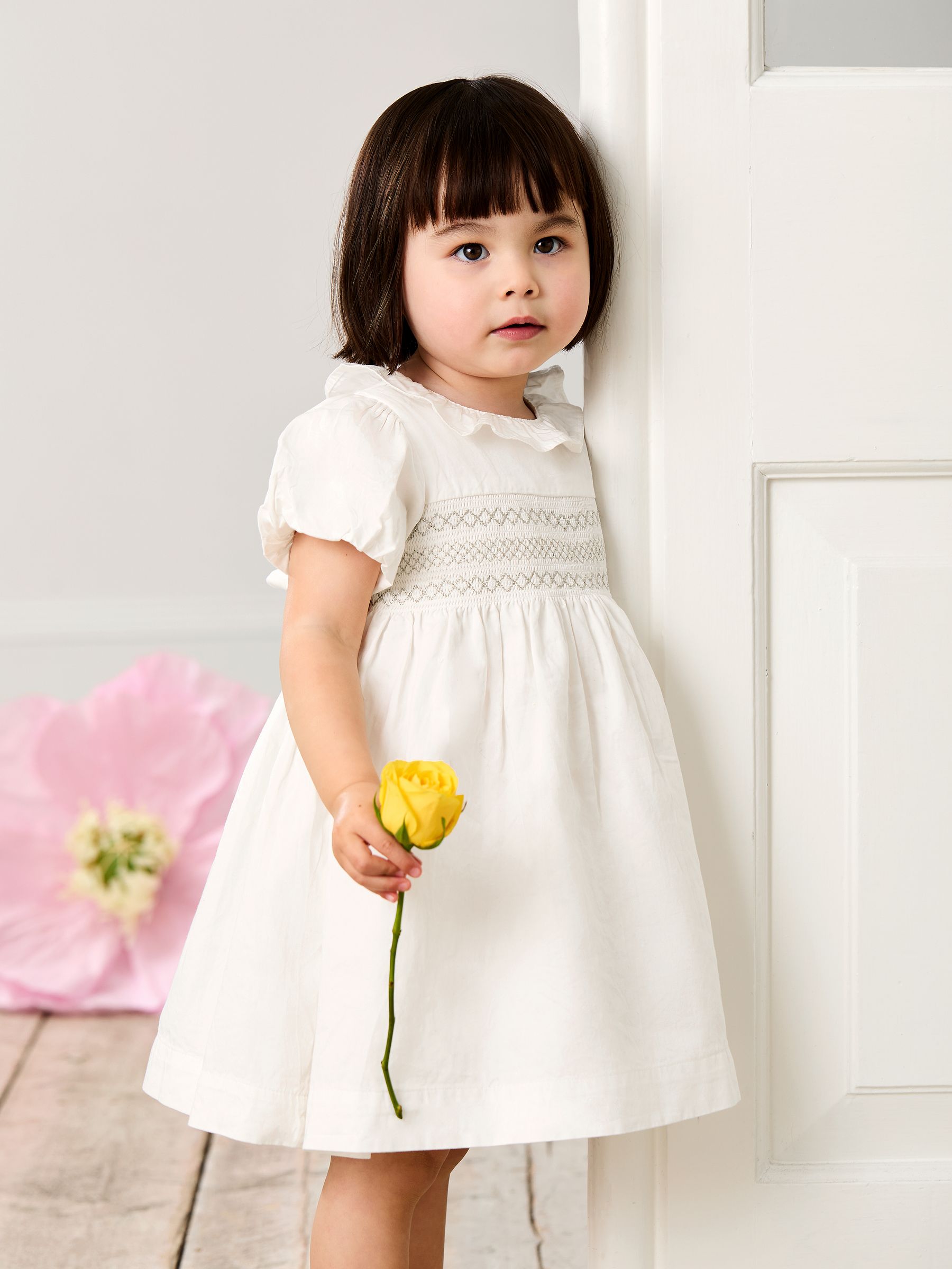 Cream Smocked Puff Sleeve Cotton Satin Flower Girl Dress - Image 1 of 4