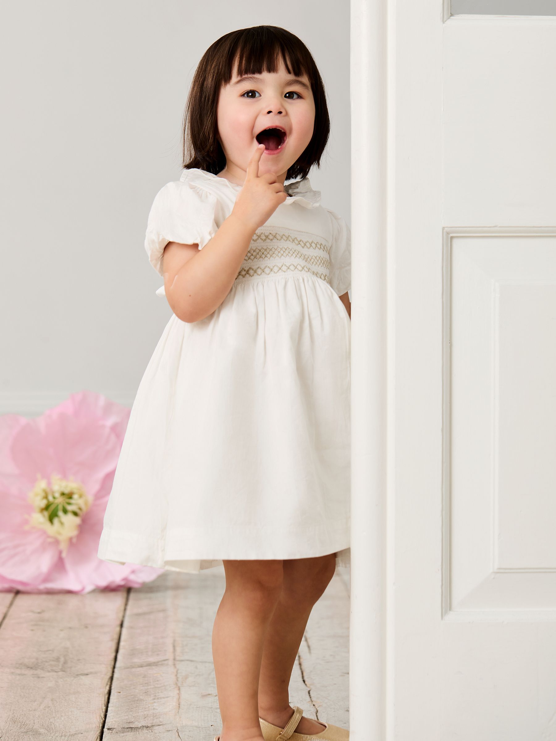 Cream Smocked Puff Sleeve Cotton Satin Flower Girl Dress - Image 2 of 4