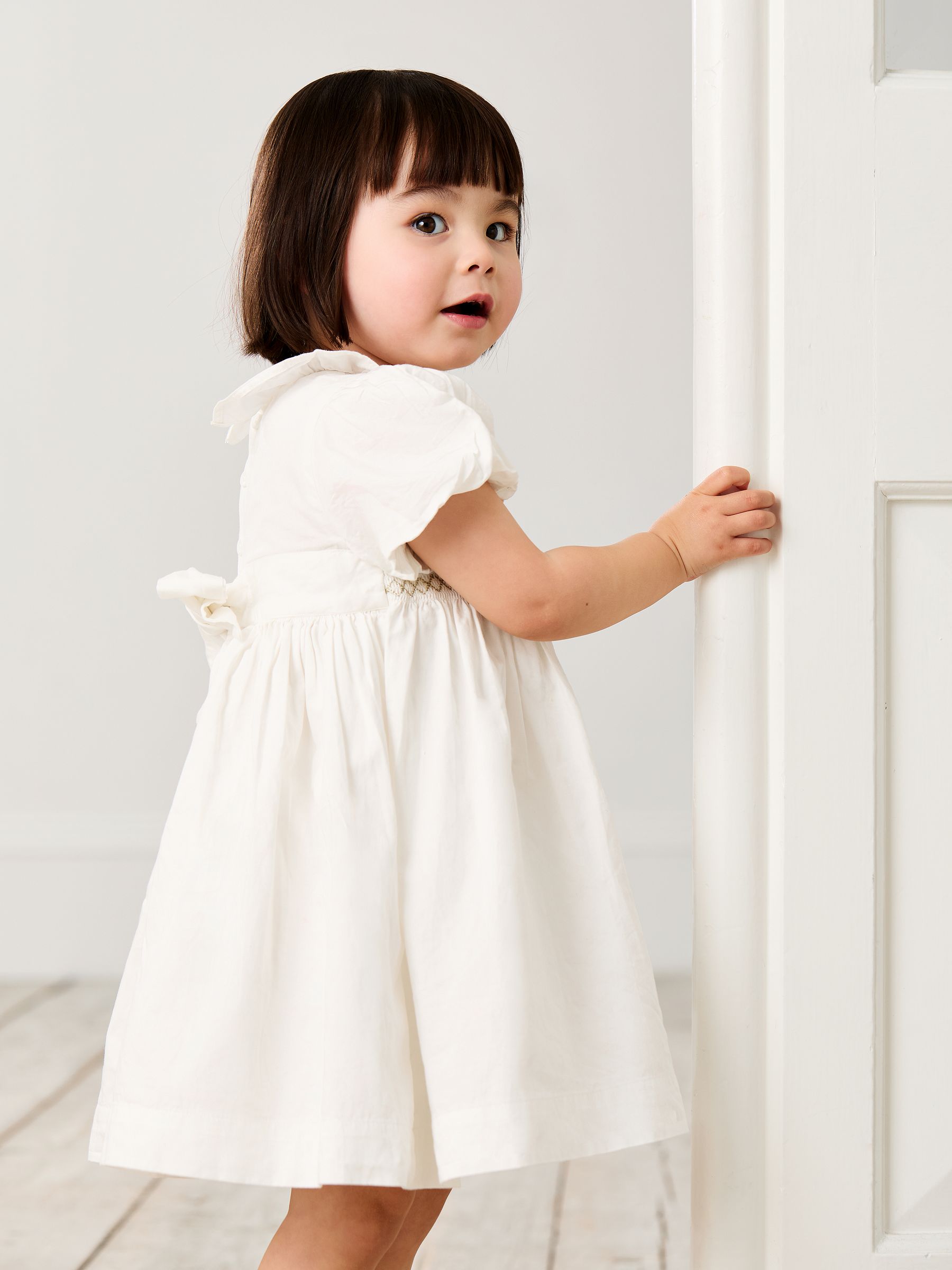 Cream Smocked Puff Sleeve Cotton Satin Flower Girl Dress - Image 3 of 4