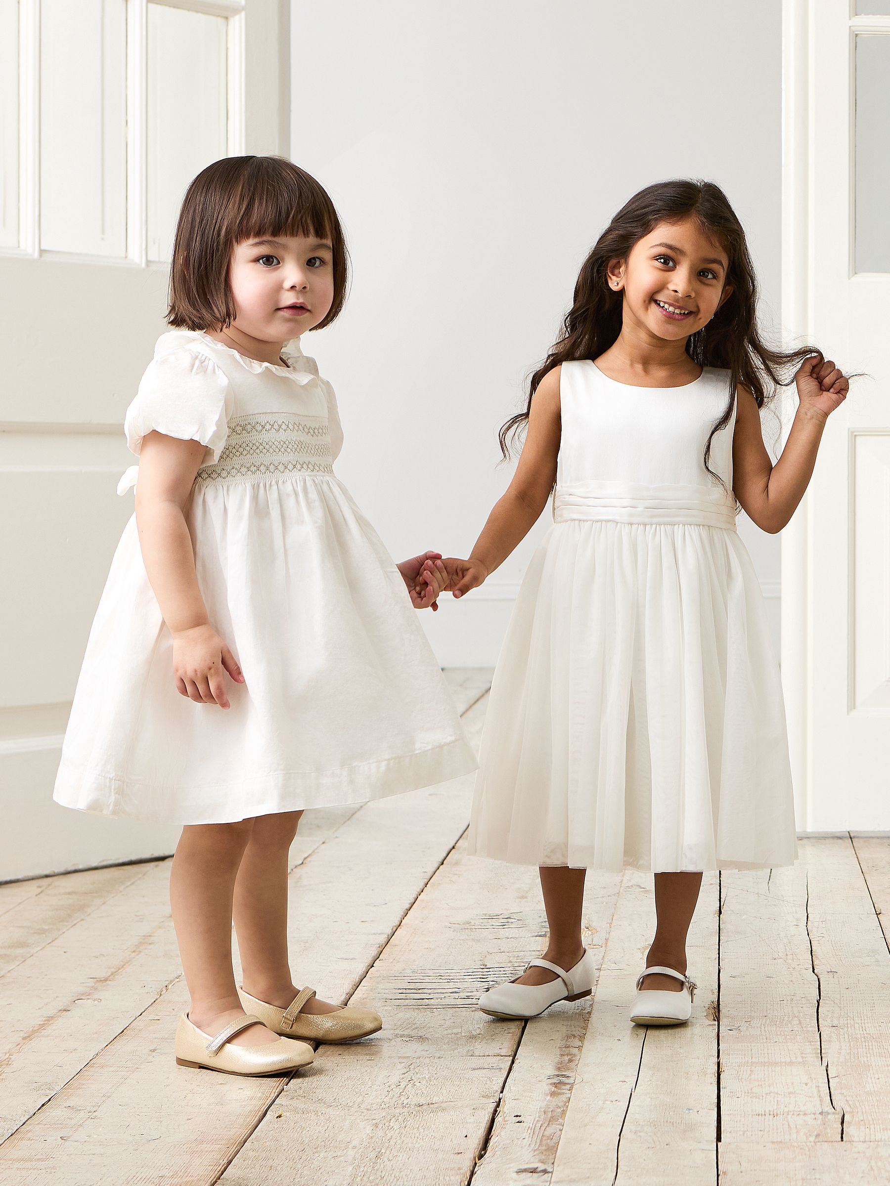 Cream Smocked Puff Sleeve Cotton Satin Flower Girl Dress - Image 4 of 4