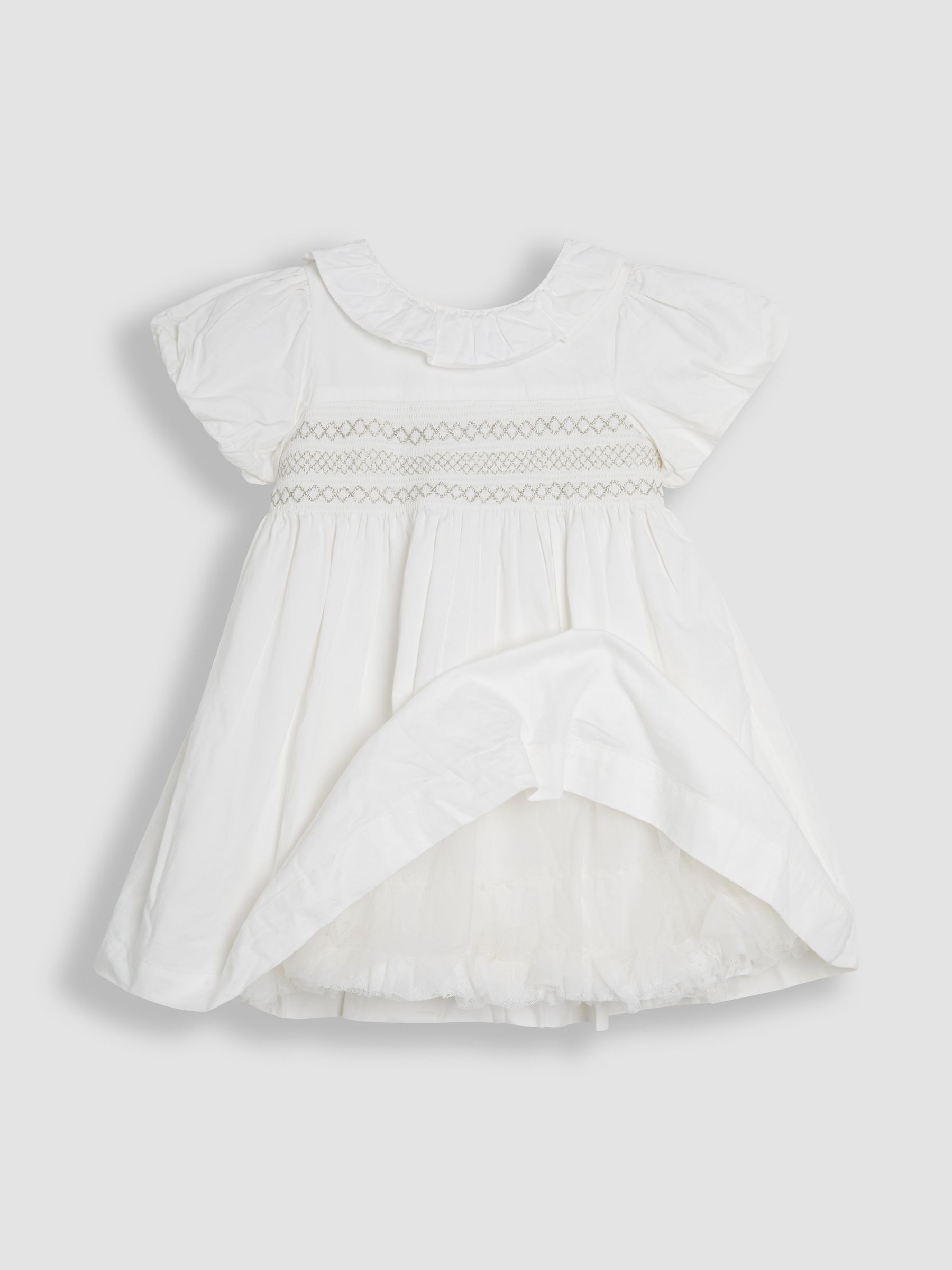 Cream Smocked Puff Sleeve Cotton Satin Flower Girl Dress - Image 6 of 8