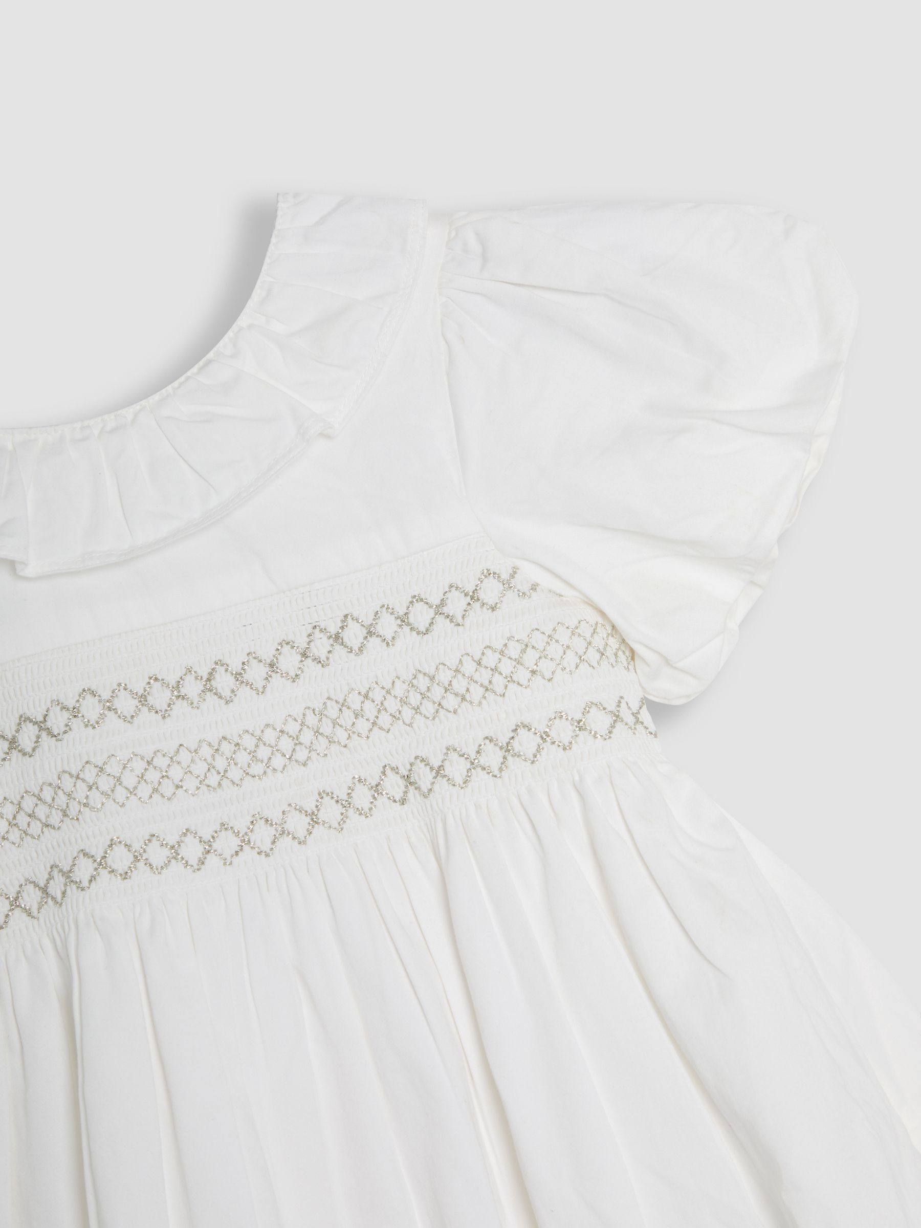 Cream Smocked Puff Sleeve Cotton Satin Flower Girl Dress - Image 8 of 8