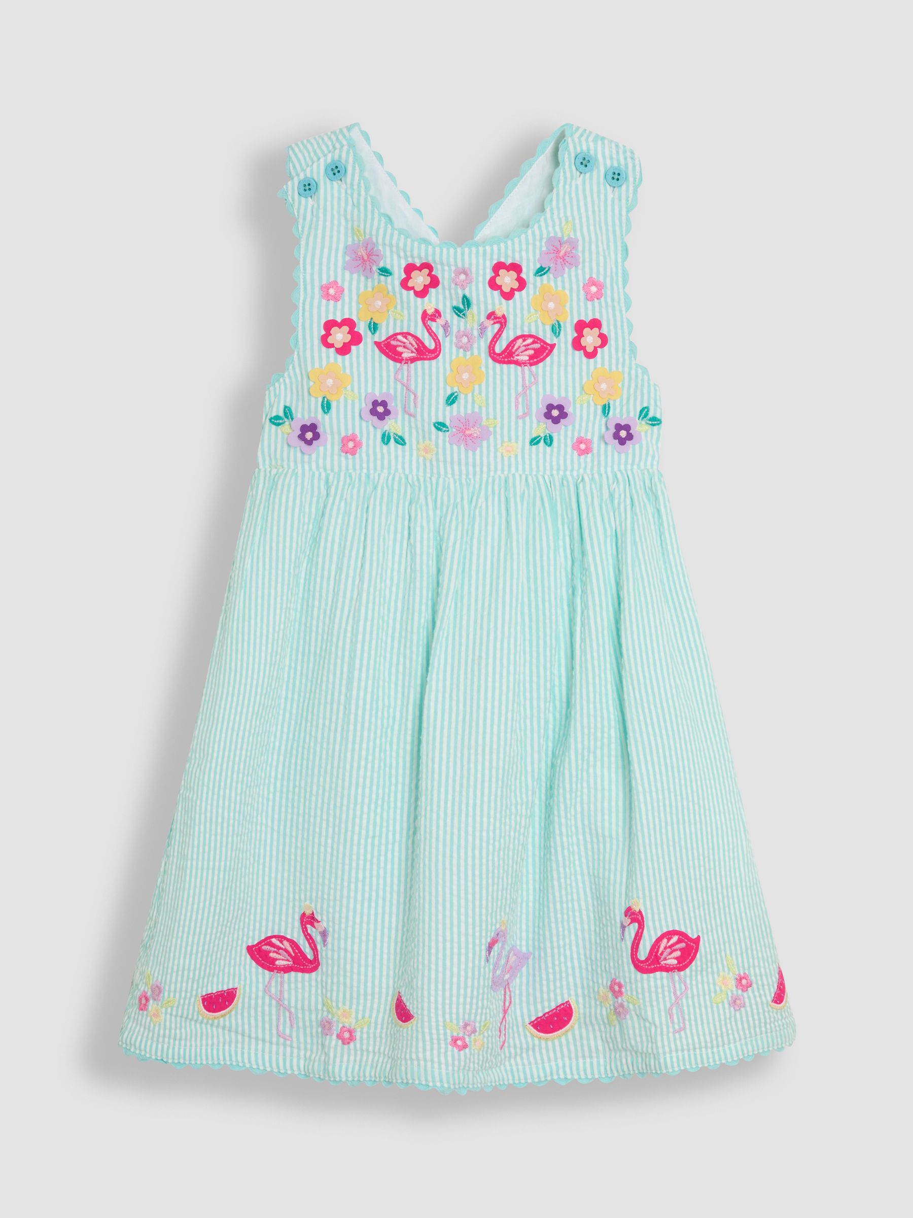 Mint Green Flamingo Appliqué Seersucker Cross Back Dress - Image 1 of 3
