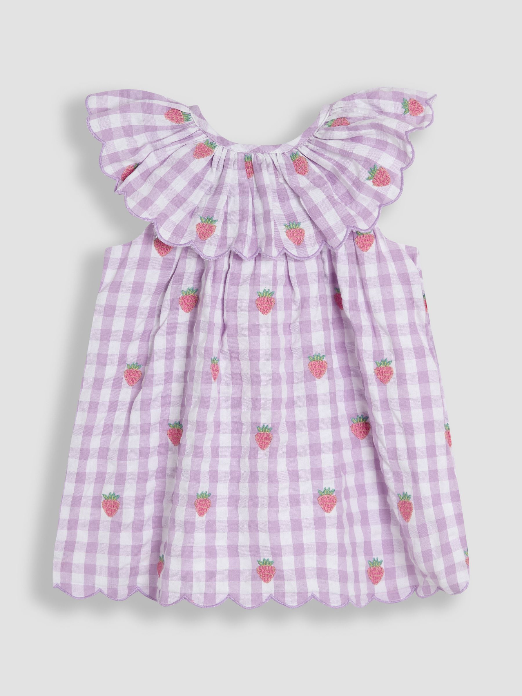 Lilac Strawberry Embroidered 3-Piece Scallop Baby Dress, Knicker & Hat Set - Image 2 of 7