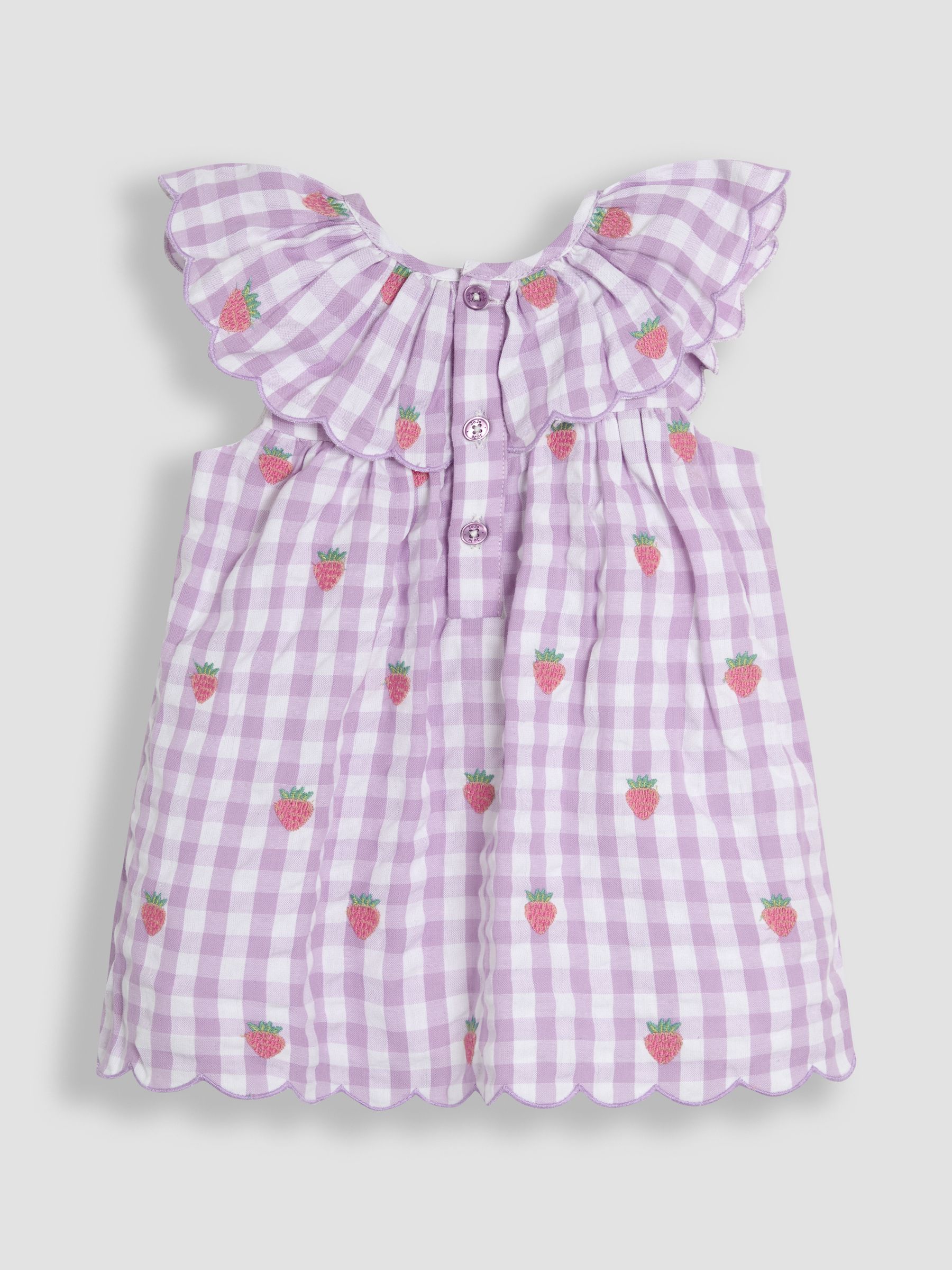 Lilac Strawberry Embroidered 3-Piece Scallop Baby Dress, Knicker & Hat Set - Image 3 of 7
