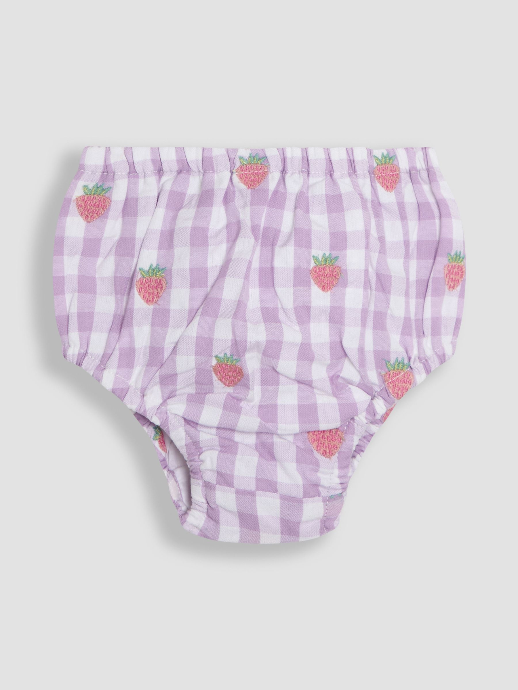 Lilac Strawberry Embroidered 3-Piece Scallop Baby Dress, Knicker & Hat Set - Image 4 of 7