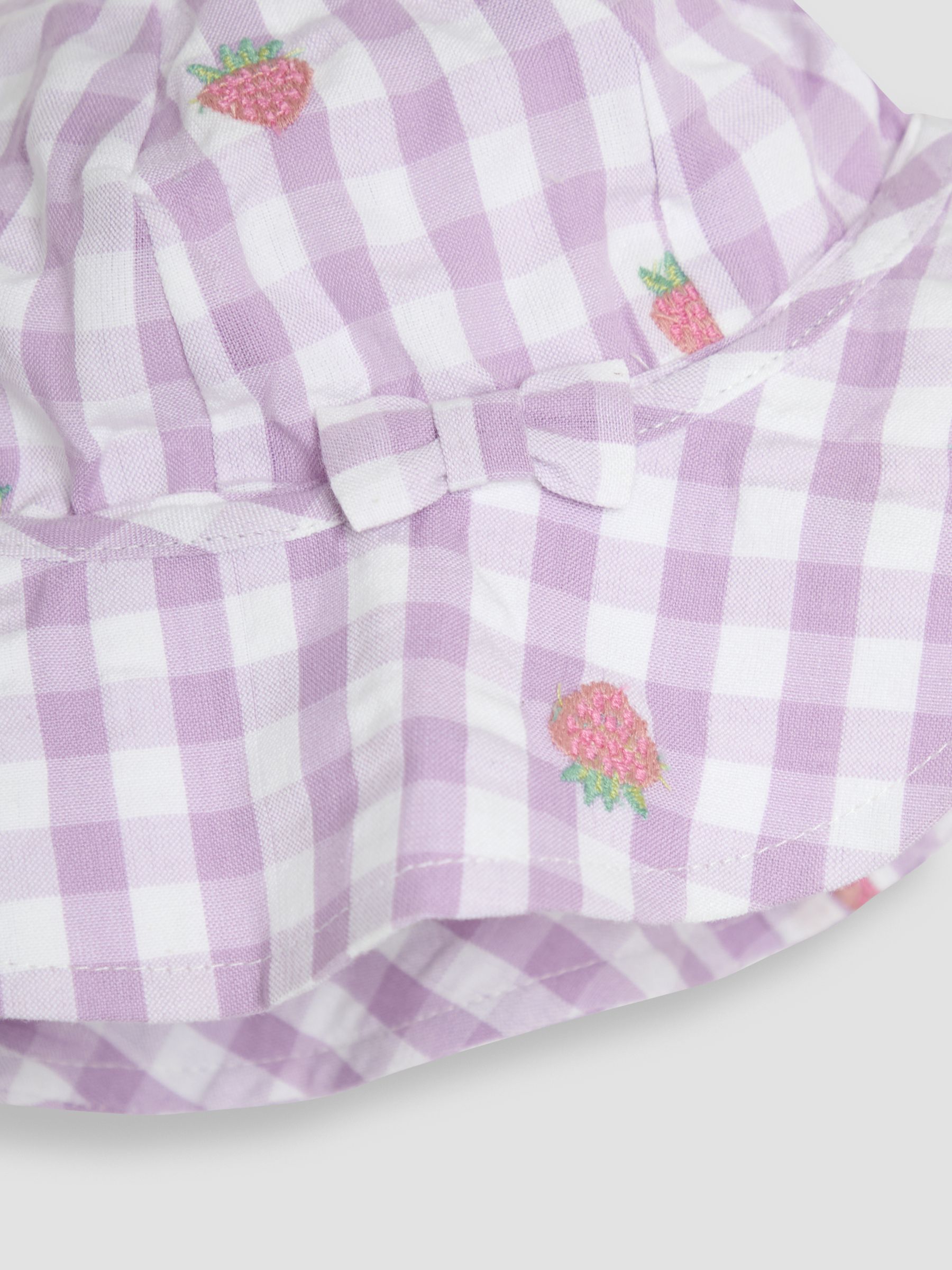 Lilac Strawberry Embroidered 3-Piece Scallop Baby Dress, Knicker & Hat Set - Image 6 of 7
