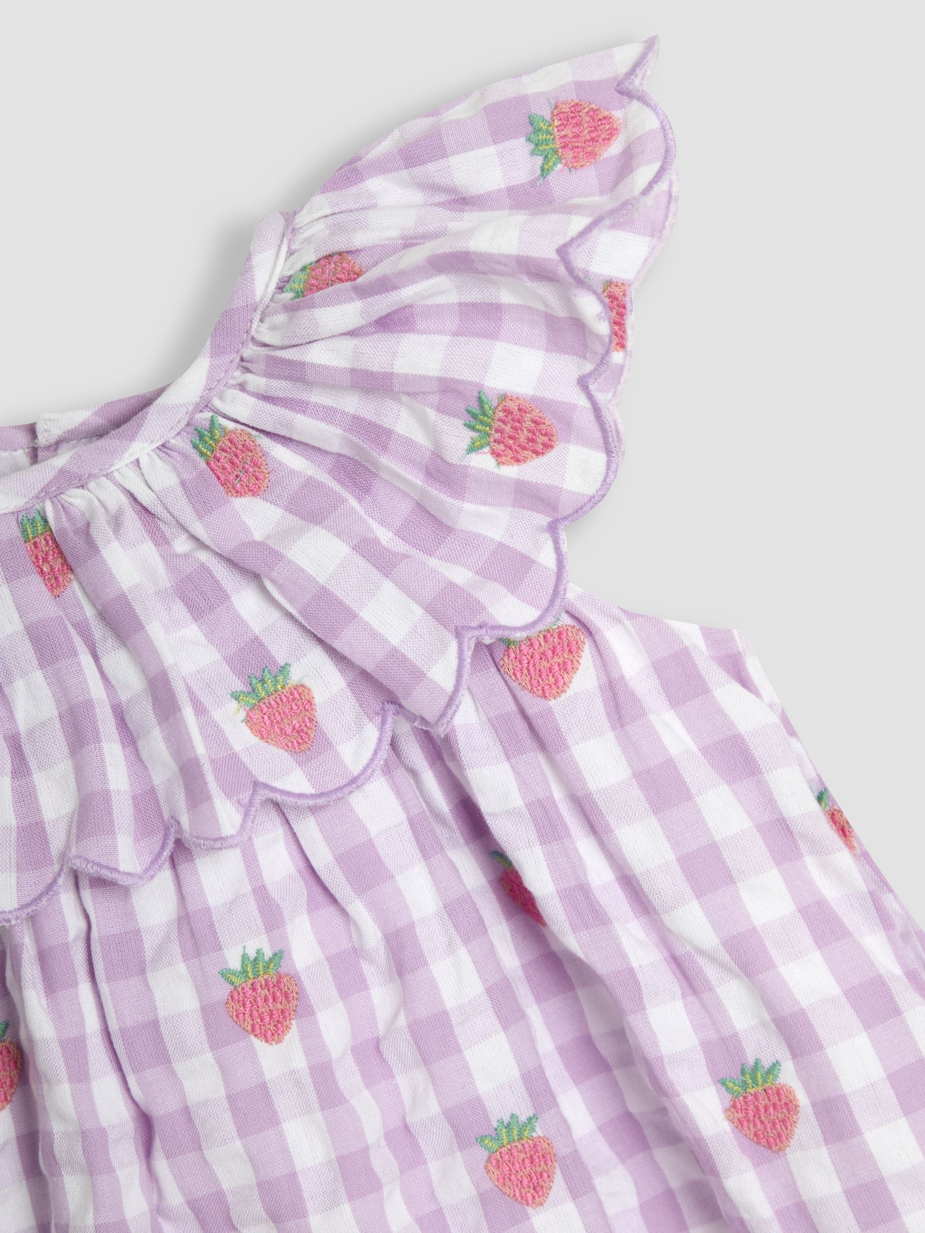 Lilac Strawberry Embroidered 3-Piece Scallop Baby Dress, Knicker & Hat Set - Image 7 of 7