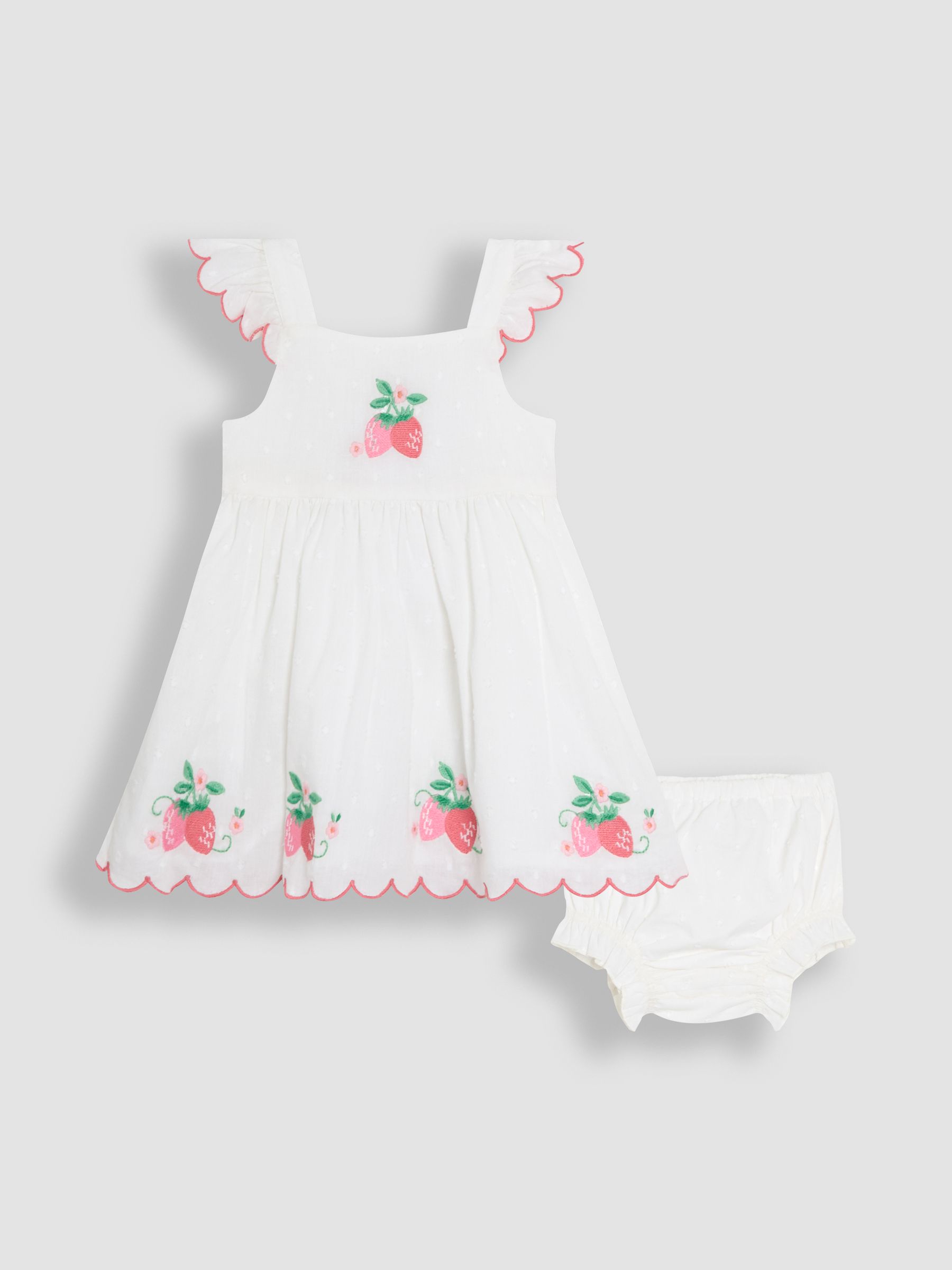 Pink Baby Strawberry Embroidered Scallop Sleeve 100% Cotton Dress - Image 1 of 6