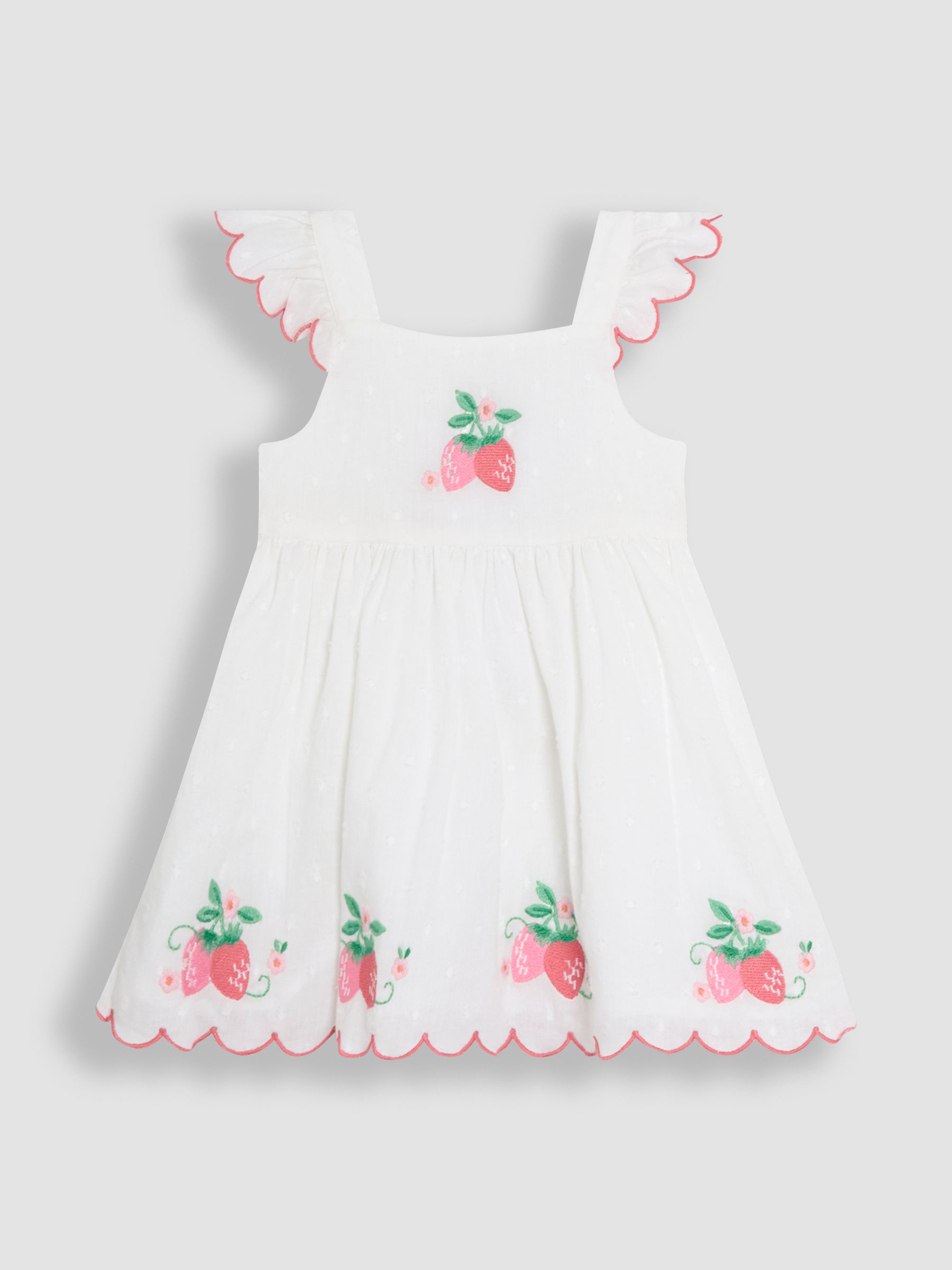 Pink Baby Strawberry Embroidered Scallop Sleeve 100% Cotton Dress - Image 2 of 6