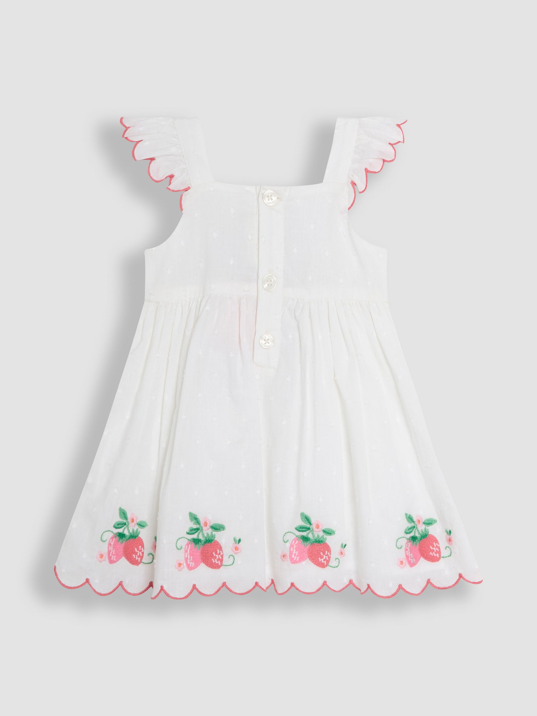 Pink Baby Strawberry Embroidered Scallop Sleeve 100% Cotton Dress - Image 3 of 6