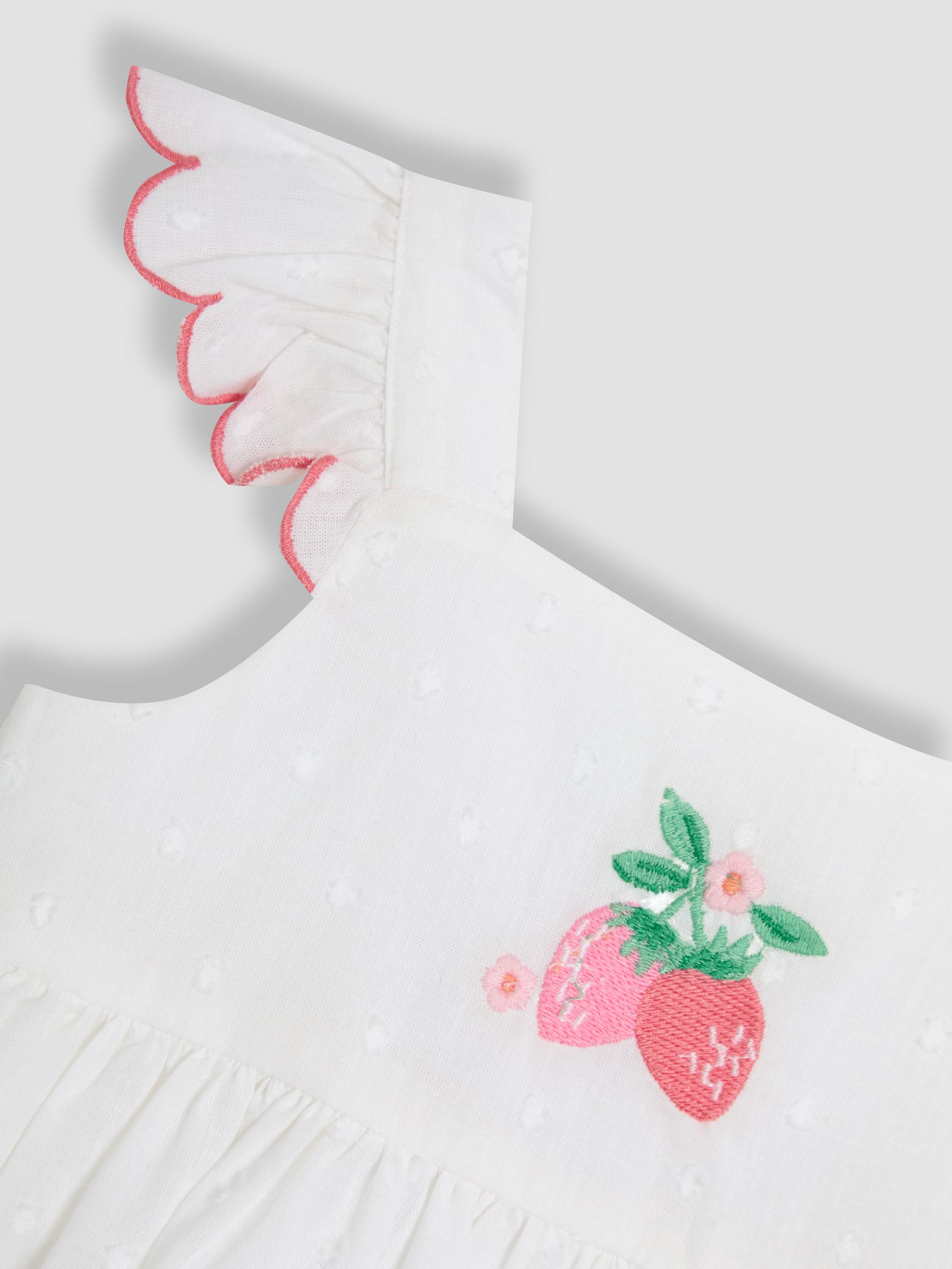 Pink Baby Strawberry Embroidered Scallop Sleeve 100% Cotton Dress - Image 6 of 6