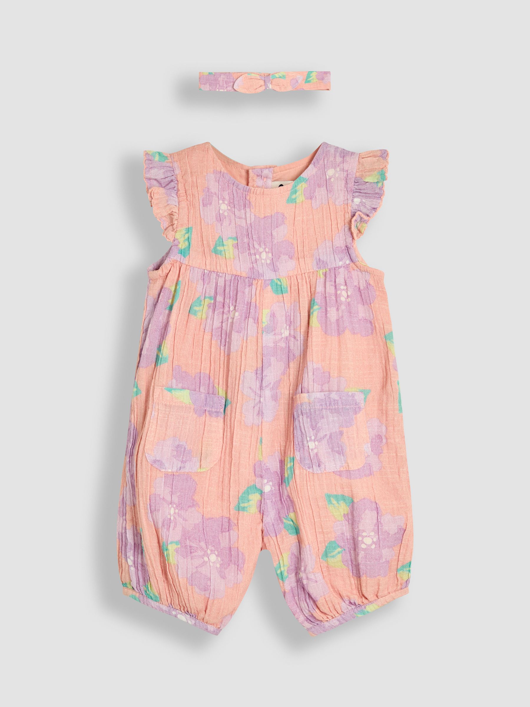Coral Pink Tropical Floral Pretty Ruffle Shoulder Sunsuit with Headband - Image 1 of 5