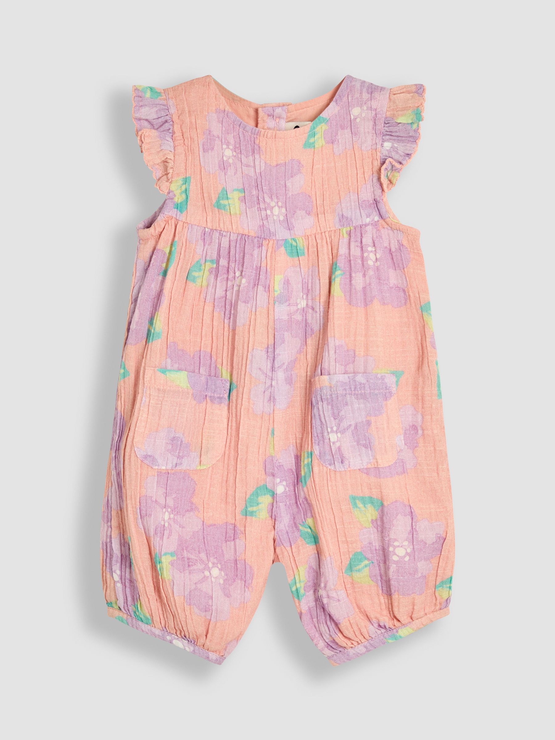 Coral Pink Tropical Floral Pretty Ruffle Shoulder Sunsuit with Headband - Image 2 of 5