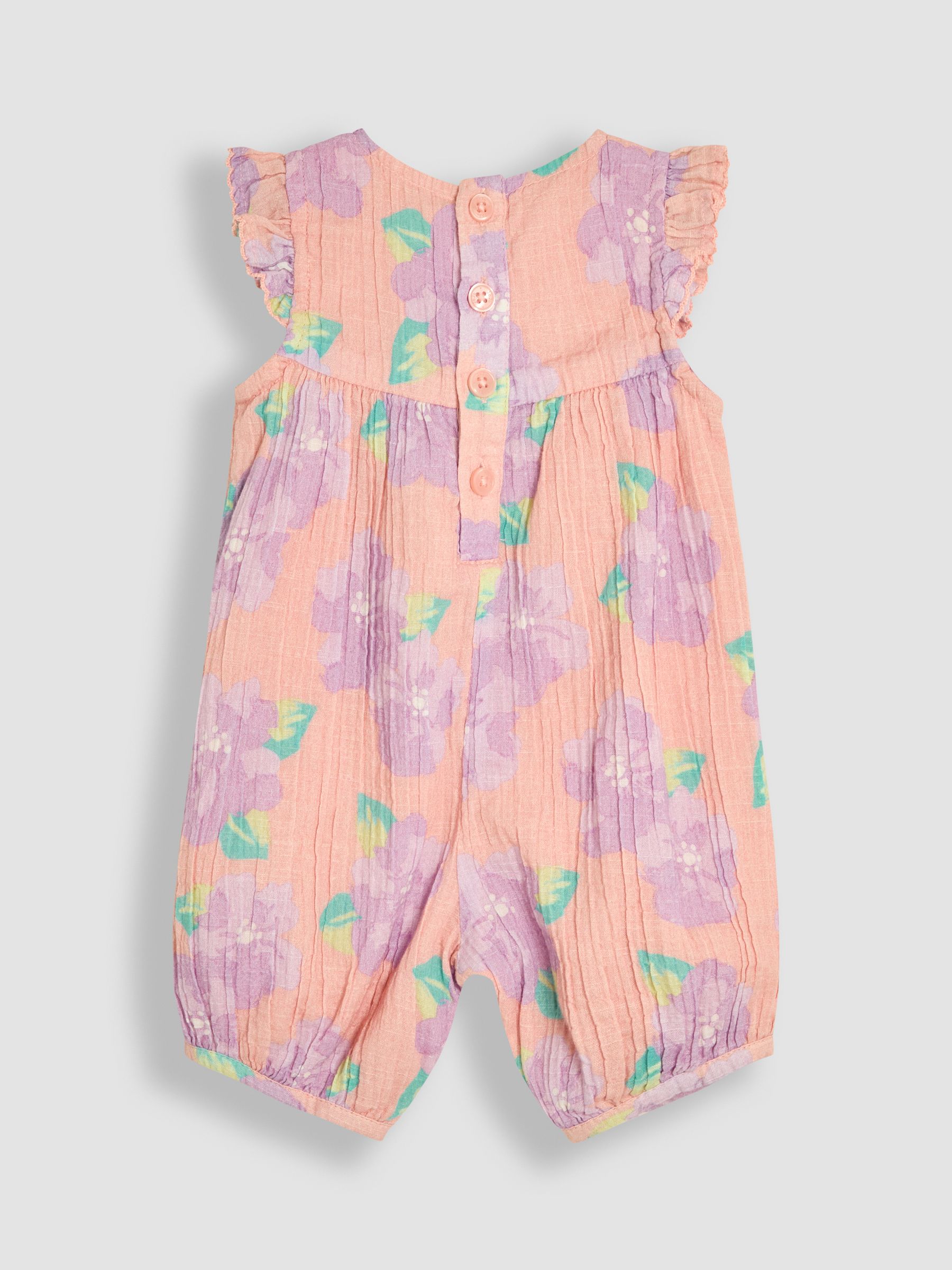 Coral Pink Tropical Floral Pretty Ruffle Shoulder Sunsuit with Headband - Image 3 of 5