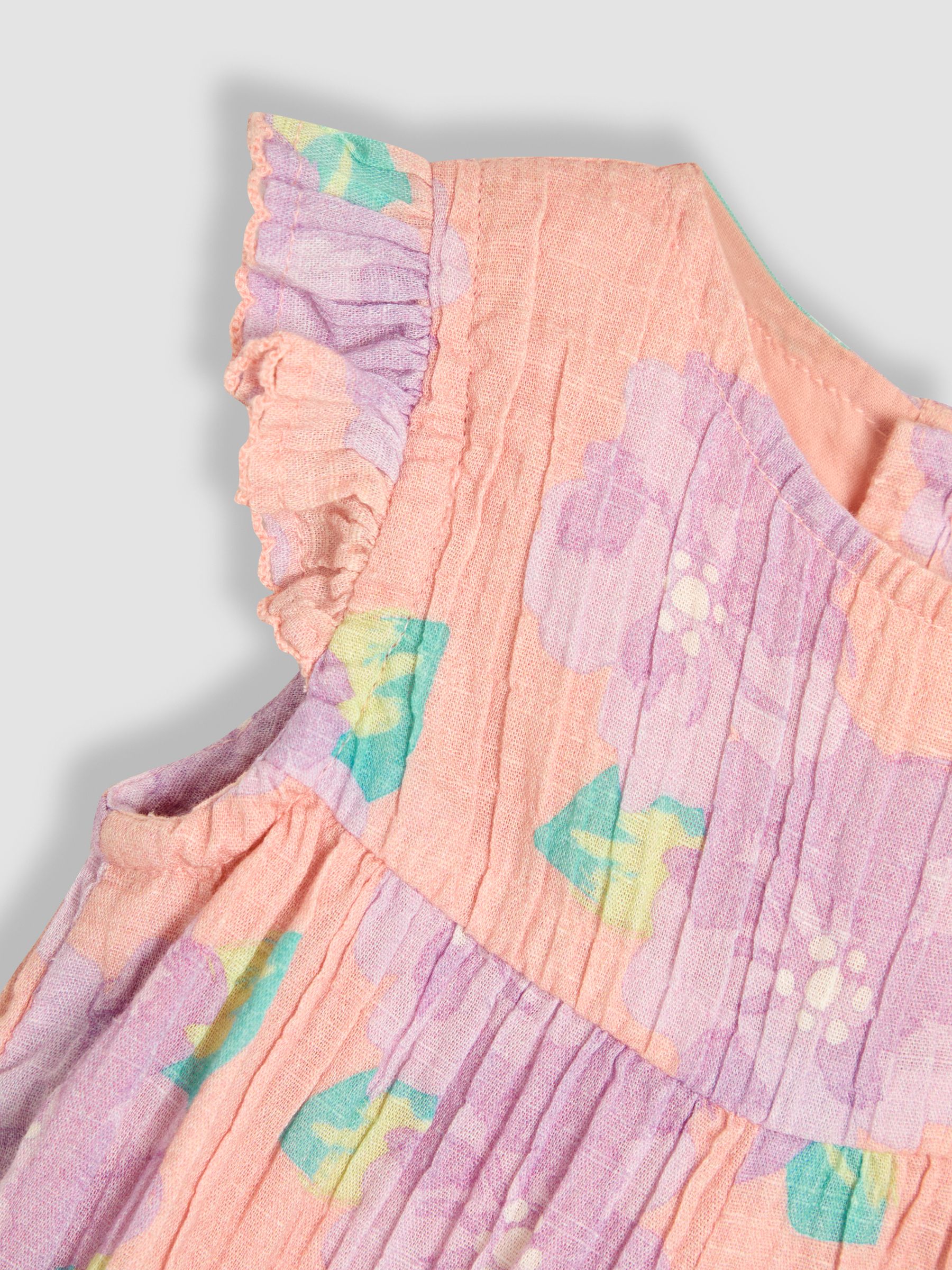 Coral Pink Tropical Floral Pretty Ruffle Shoulder Sunsuit with Headband - Image 4 of 5